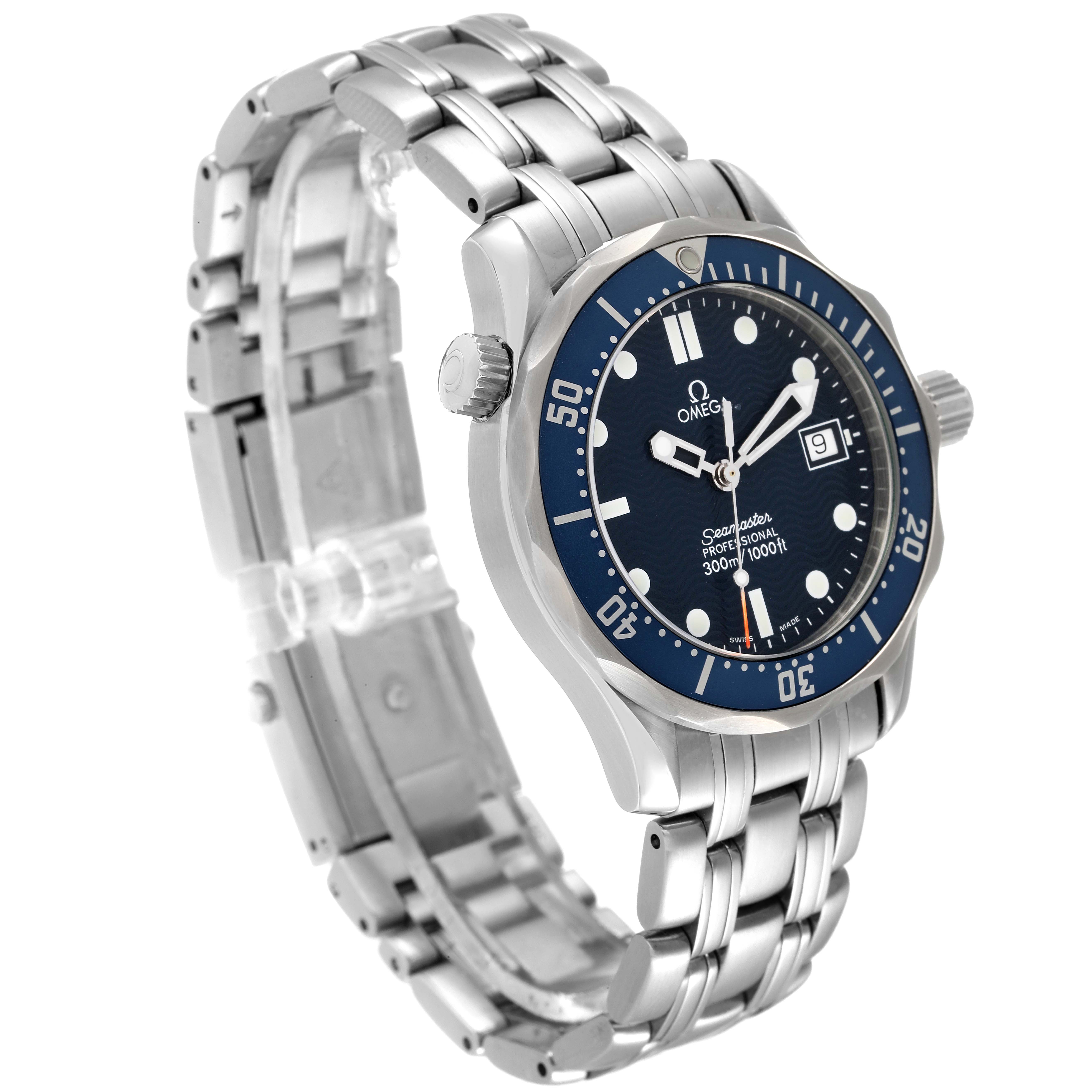 The Omega Seamaster 2561.80.00 Men's Stainless Steel Blue Dial 2561.80.00 Men's Stainless Steel Blue Dial watch is shown at a three-quarter angle, displaying the face, bezel, crown, and part of the bracelet.