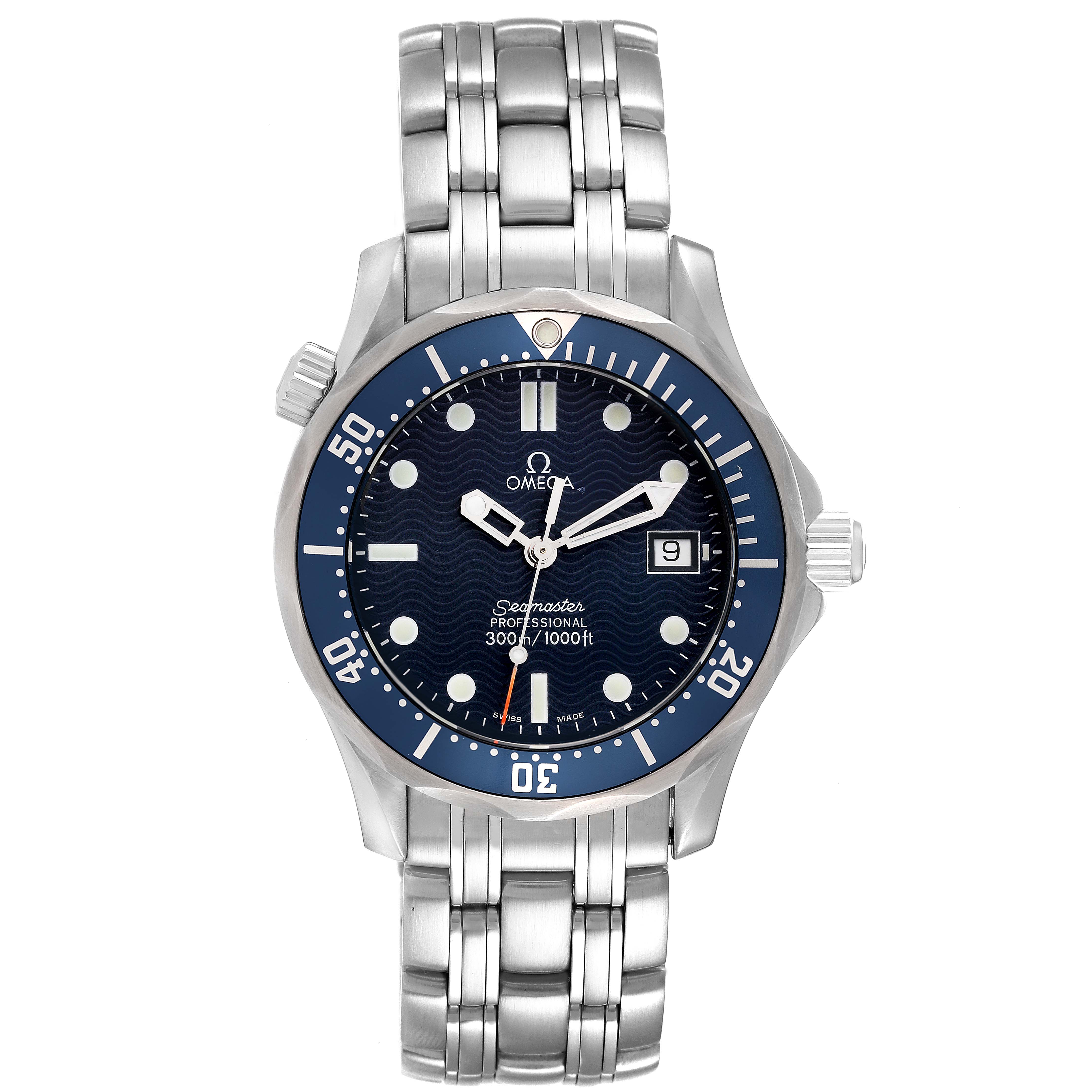 The Omega Seamaster 2561.80.00 Men's Stainless Steel Blue Dial 2561.80.00 Men's Stainless Steel Blue Dial watch is shown from the front, highlighting the face, bezel, and metal bracelet.