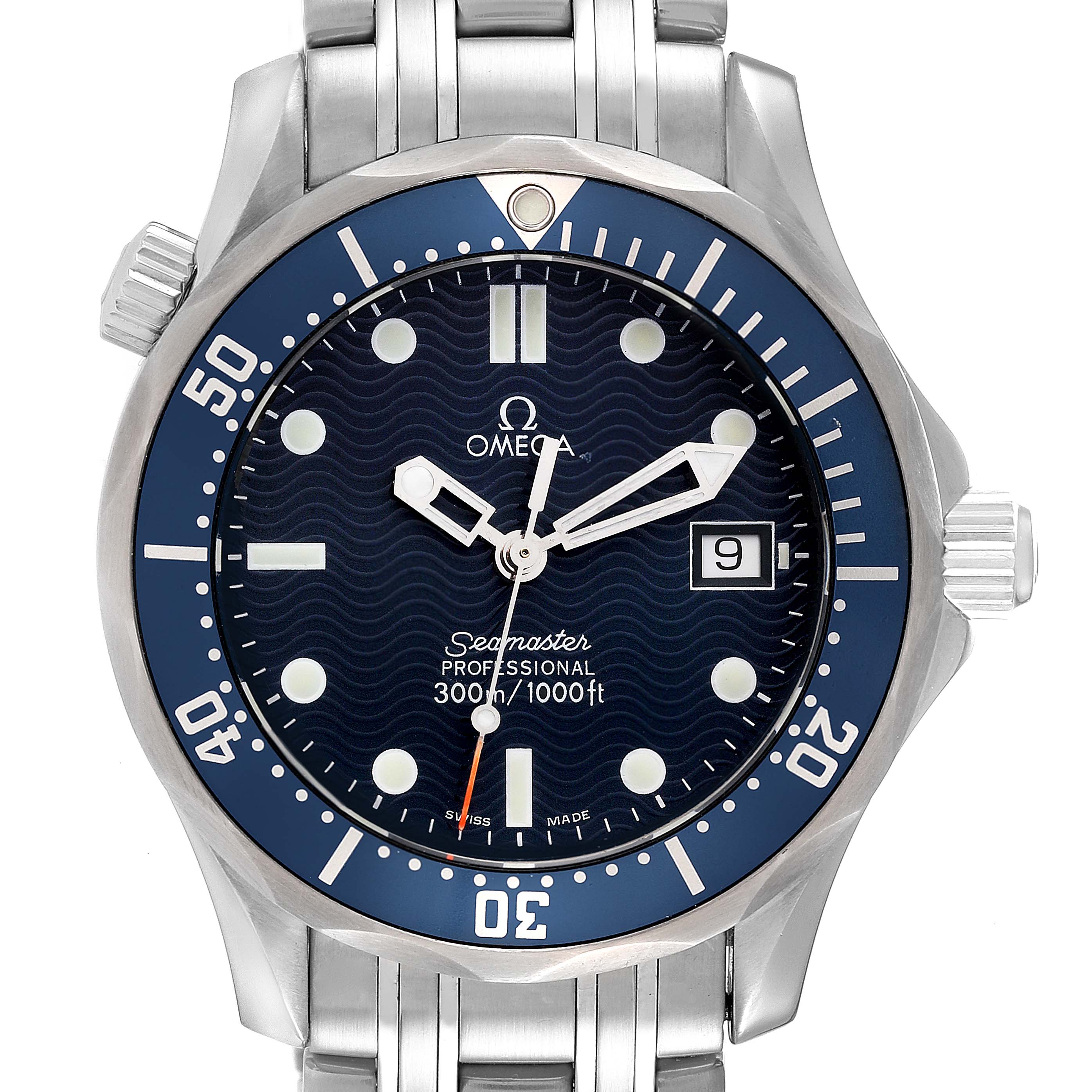 The image shows a front view of an Omega Seamaster 2561.80.00 Men's Stainless Steel Blue Dial 2561.80.00 Men's Stainless Steel Blue Dial watch, highlighting the dial, bezel, and part of the stainless steel bracelet.