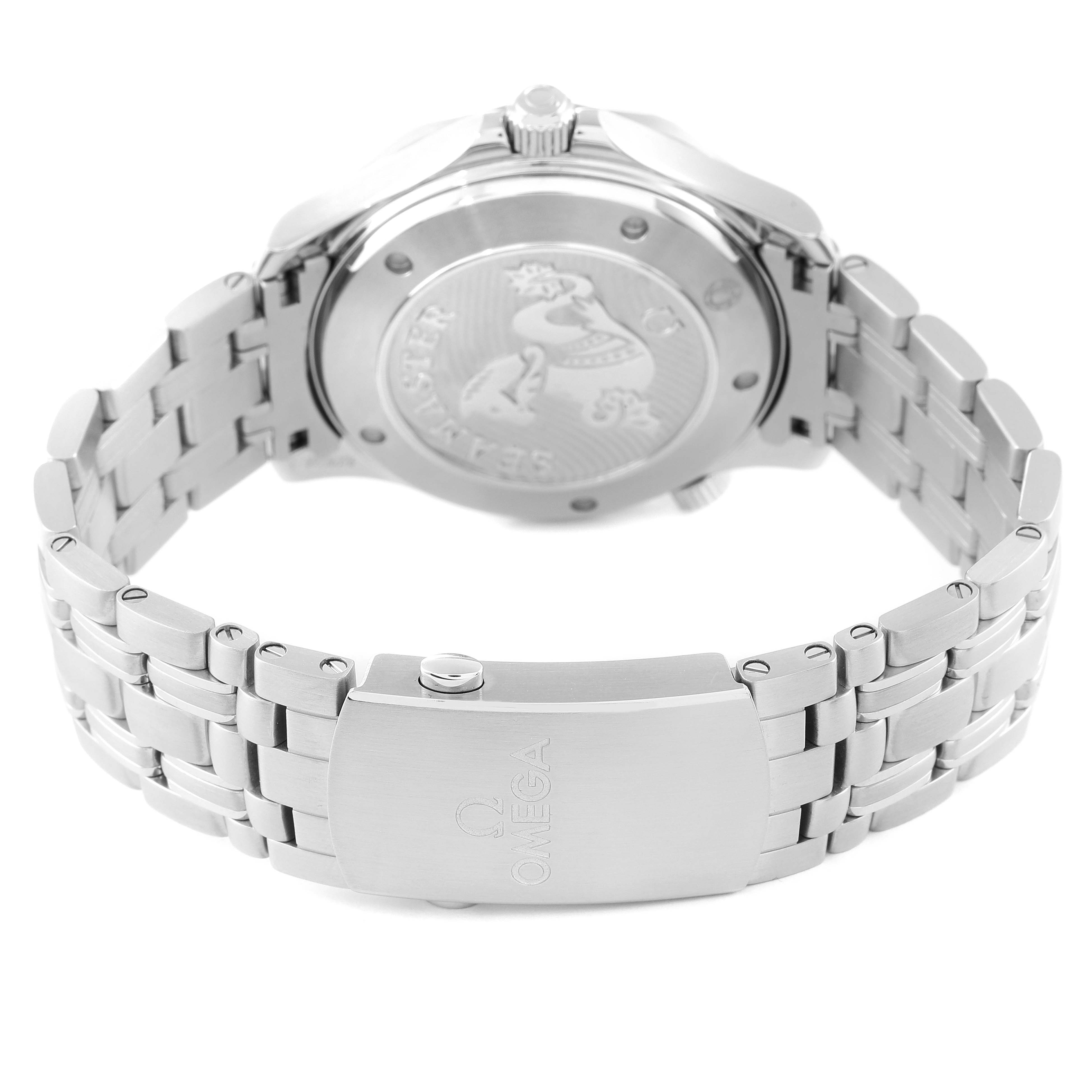 The image shows the back and clasp of the Omega Seamaster 212.30.41.20.01.003 Men's Stainless Steel Black Dial 212.30.41.20.01.003 Men's Stainless Steel Black Dial watch with its bracelet and engraved case back.