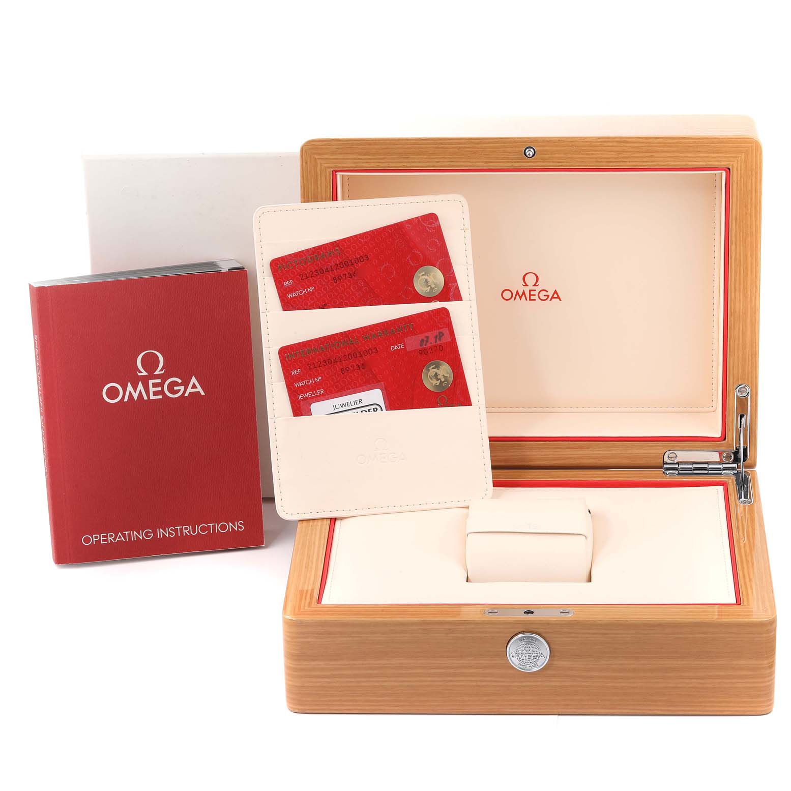 The image shows the Omega Seamaster 212.30.41.20.01.003 Men's Stainless Steel Black Dial 212.30.41.20.01.003 Men's Stainless Steel Black Dial package including the watch box, instruction manual, and authenticity cards.