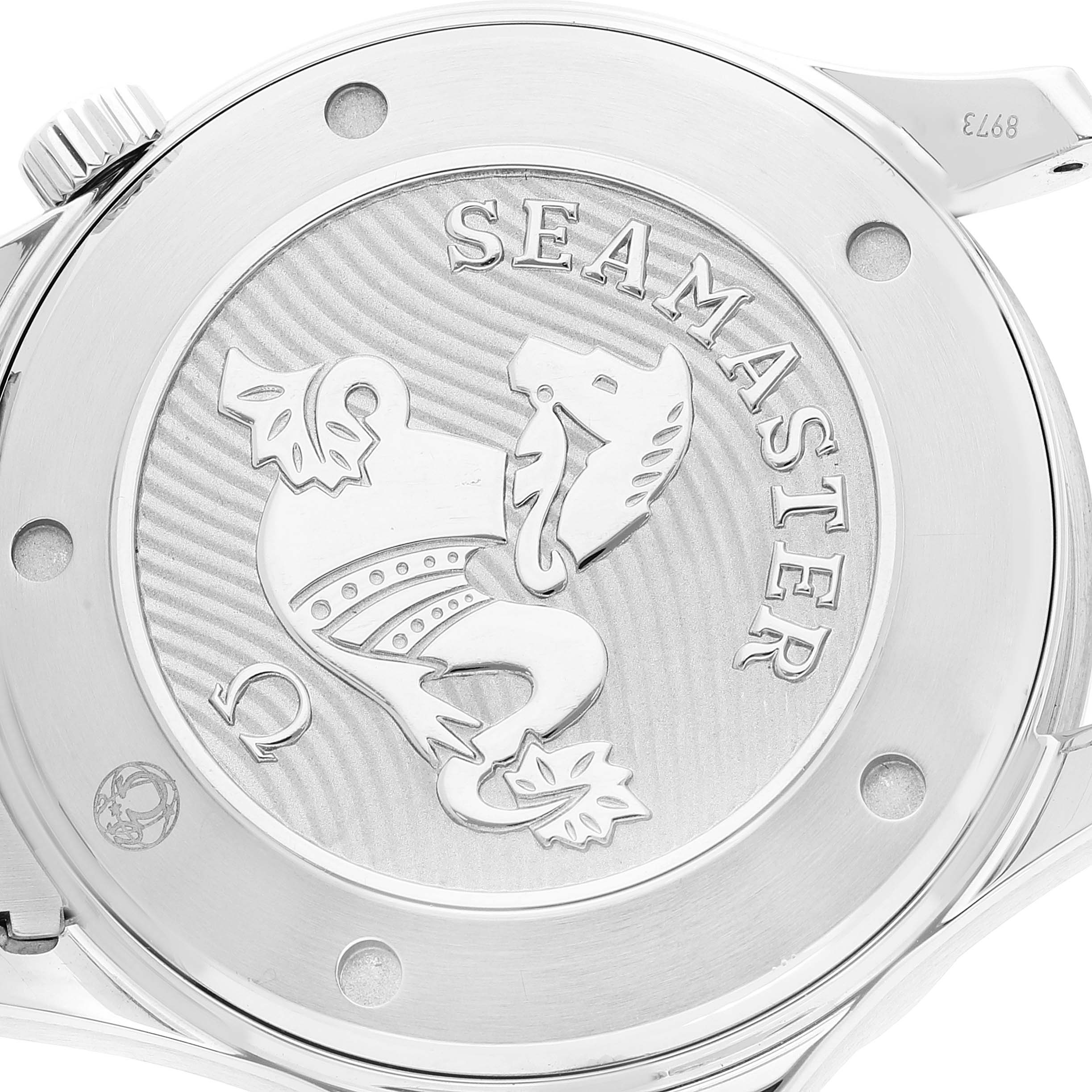 This image shows the case back of the Omega Seamaster 212.30.41.20.01.003 Men's Stainless Steel Black Dial 212.30.41.20.01.003 Men's Stainless Steel Black Dial watch, featuring the signature seahorse engraving.