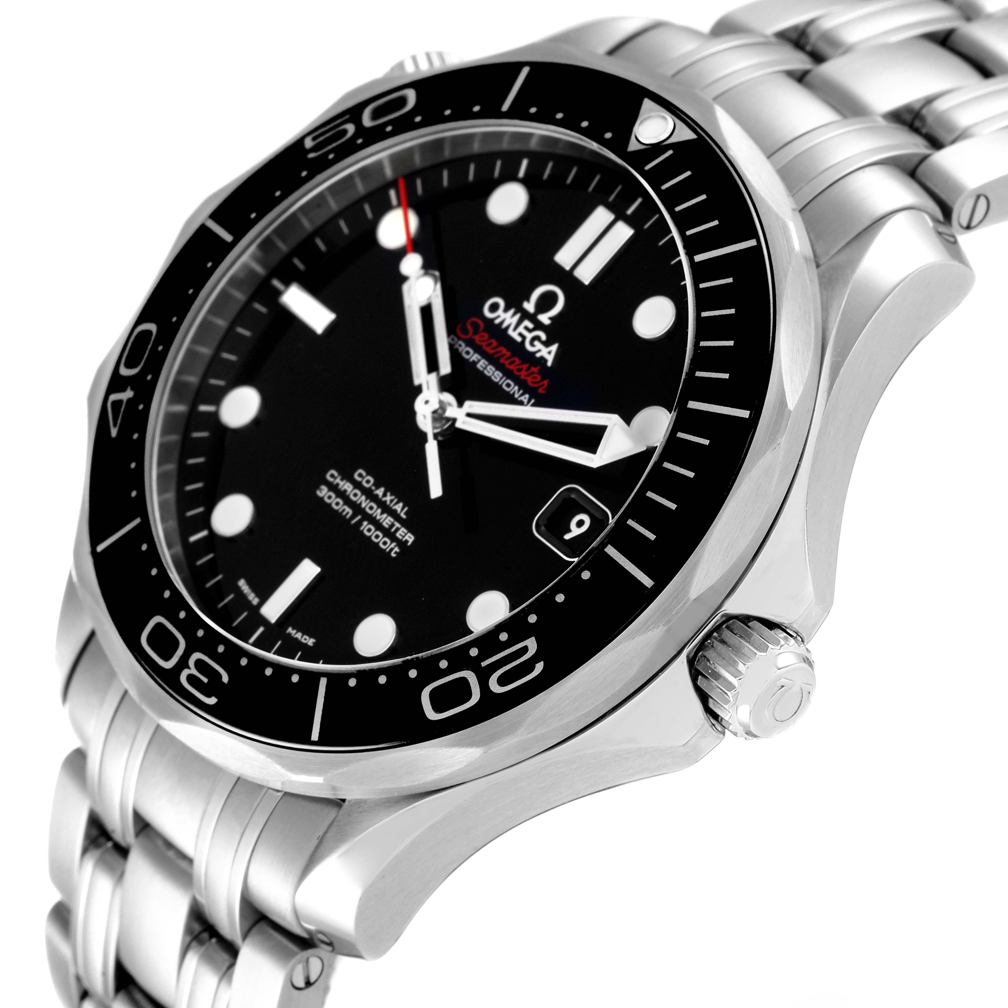 An angled view of the Omega Seamaster 212.30.41.20.01.003 Men's Stainless Steel Black Dial 212.30.41.20.01.003 Men's Stainless Steel Black Dial watch showcasing the face, bezel, crown, and a portion of the bracelet.