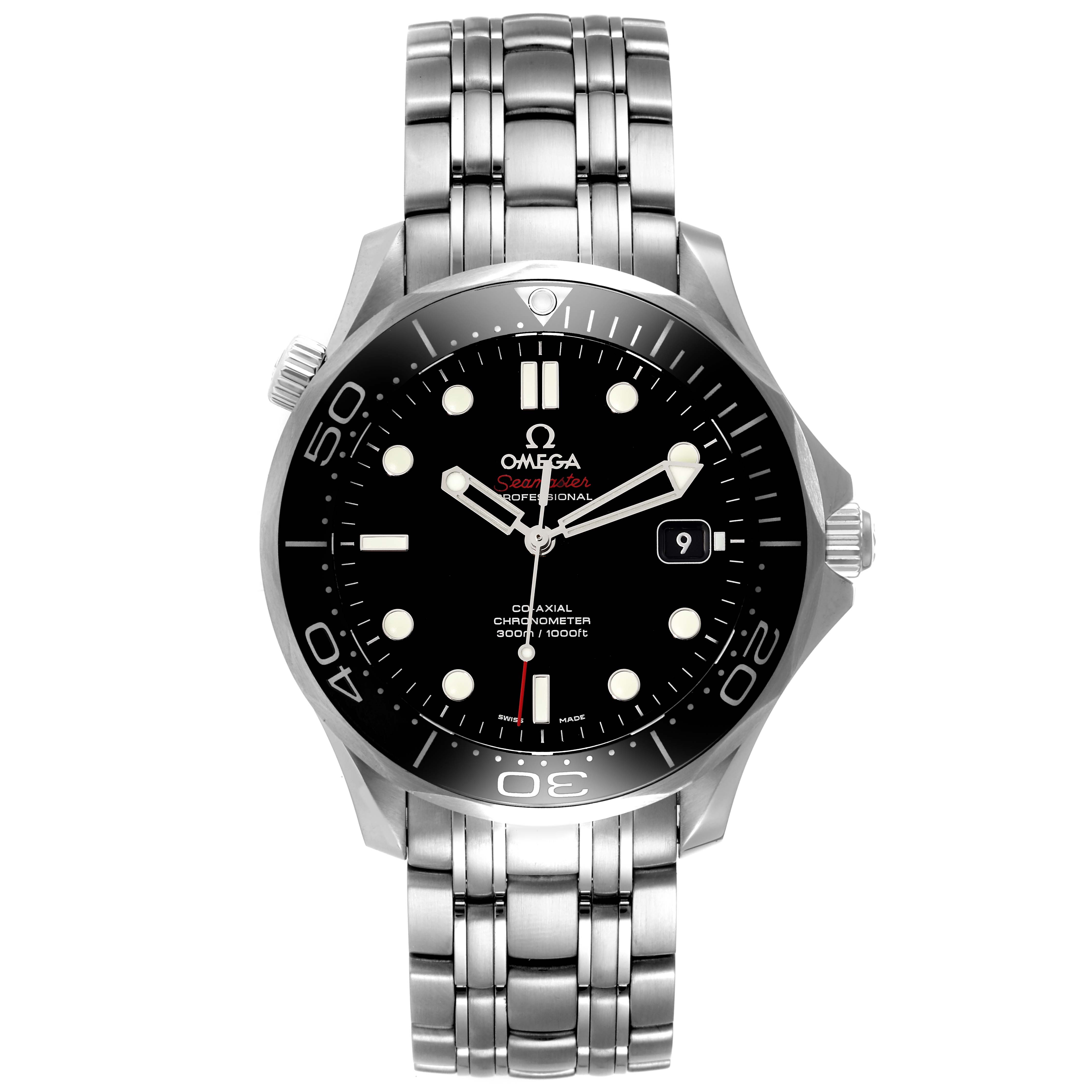 The image shows a front view of an Omega Seamaster 212.30.41.20.01.003 Men's Stainless Steel Black Dial 212.30.41.20.01.003 Men's Stainless Steel Black Dial watch, highlighting its black dial, bezel, and stainless steel bracelet.