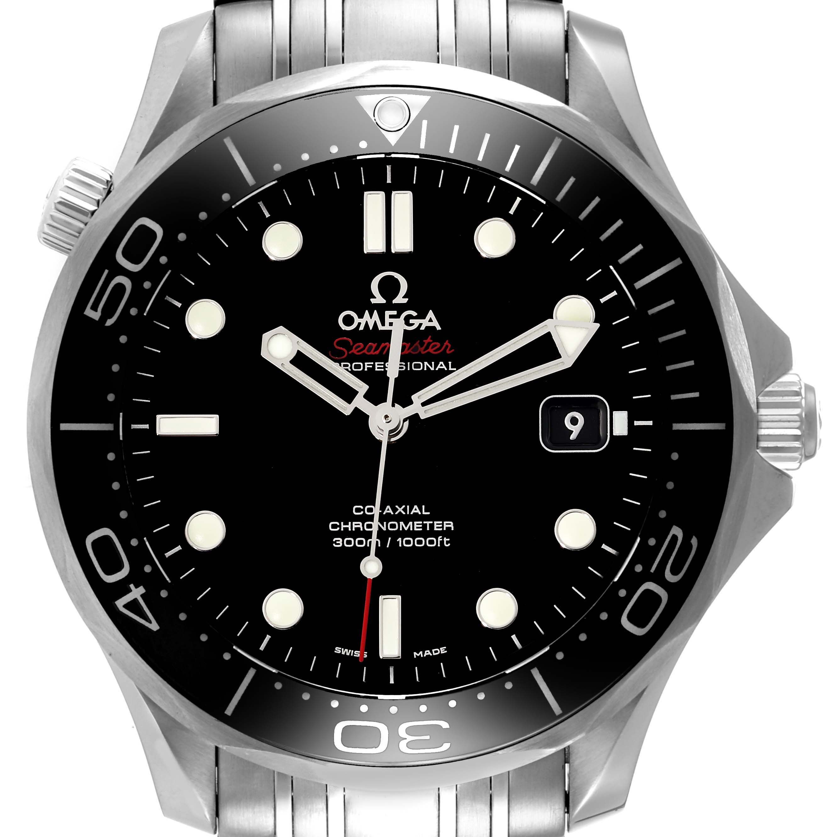 The image shows a front view of an Omega Seamaster 212.30.41.20.01.003 Men's Stainless Steel Black Dial 212.30.41.20.01.003 Men's Stainless Steel Black Dial watch, displaying its dial, hands, bezel, and part of the stainless steel bracelet.