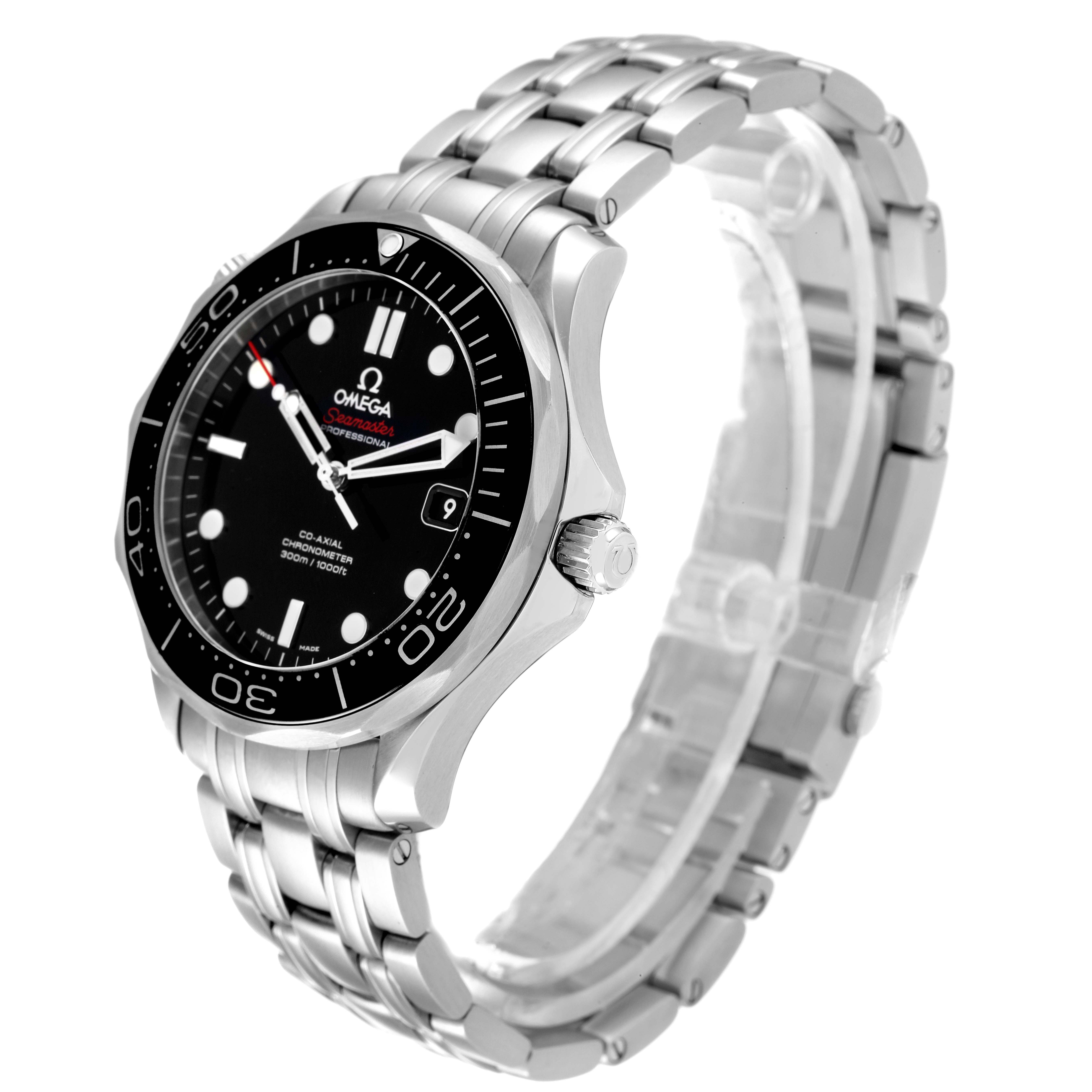 The Omega Seamaster 212.30.41.20.01.003 Men's Stainless Steel Black Dial 212.30.41.20.01.003 Men's Stainless Steel Black Dial watch is shown at a three-quarter angle, highlighting its face, bezel, crown, and stainless steel bracelet.