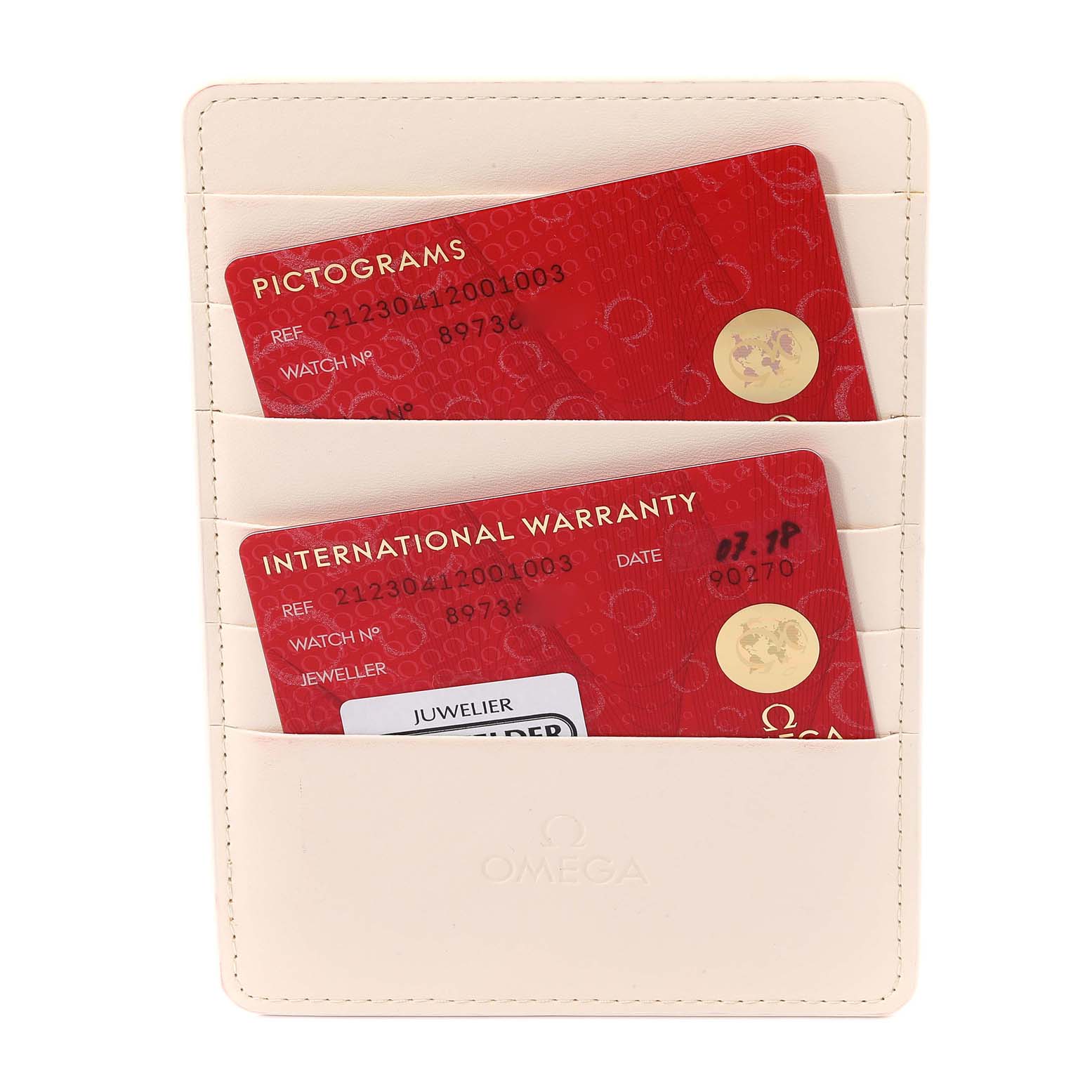 The image shows the warranty cards of an Omega Seamaster 212.30.41.20.01.003 Men's Stainless Steel Black Dial 212.30.41.20.01.003 Men's Stainless Steel Black Dial watch in a white card holder.