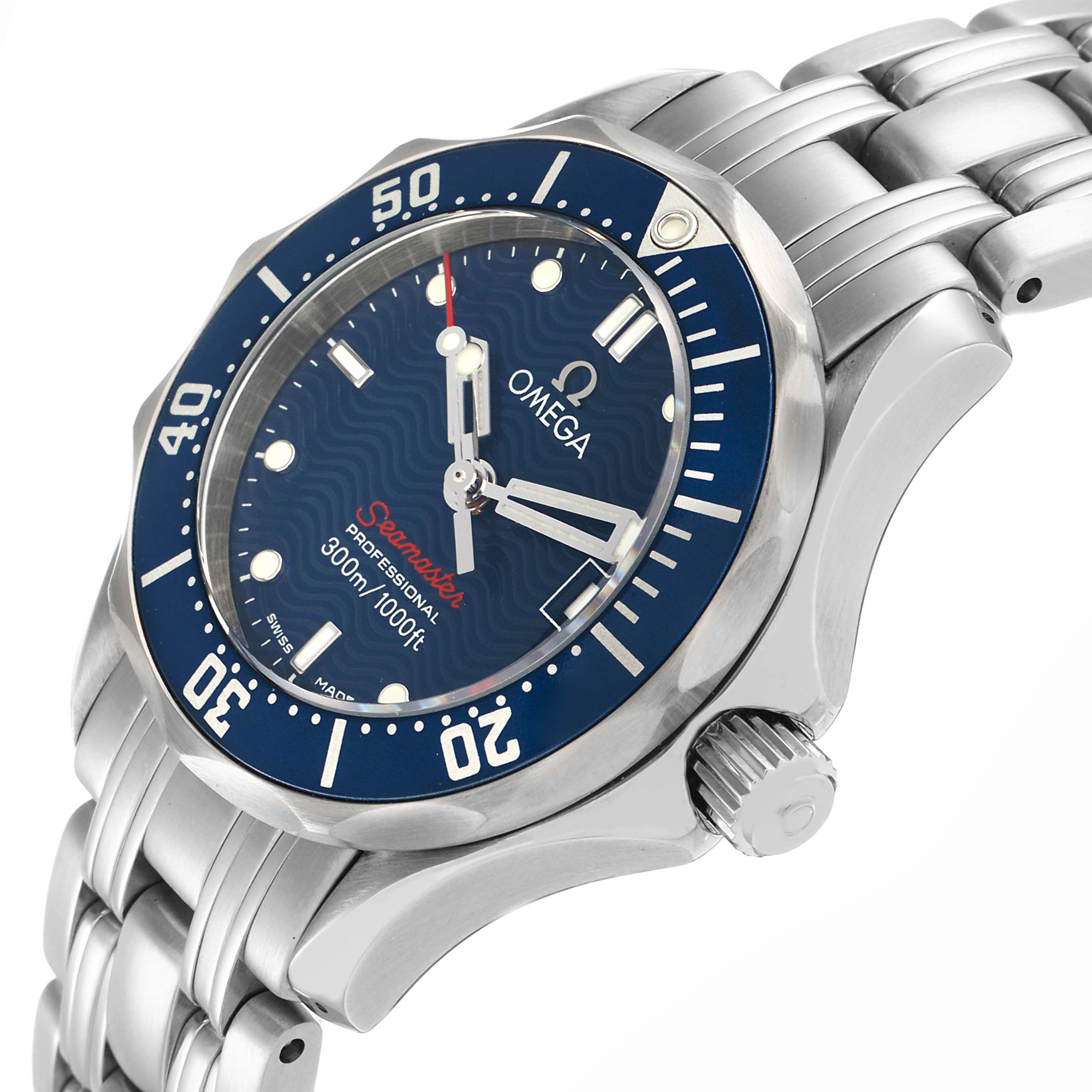 The Omega 2224.80.00 Women
s Stainless Steel Blue Dial Seamaster Diver 300M 28mm, model 2224.80.00, is shown at an angle highlighting its blue dial, bezel, and bracelet.