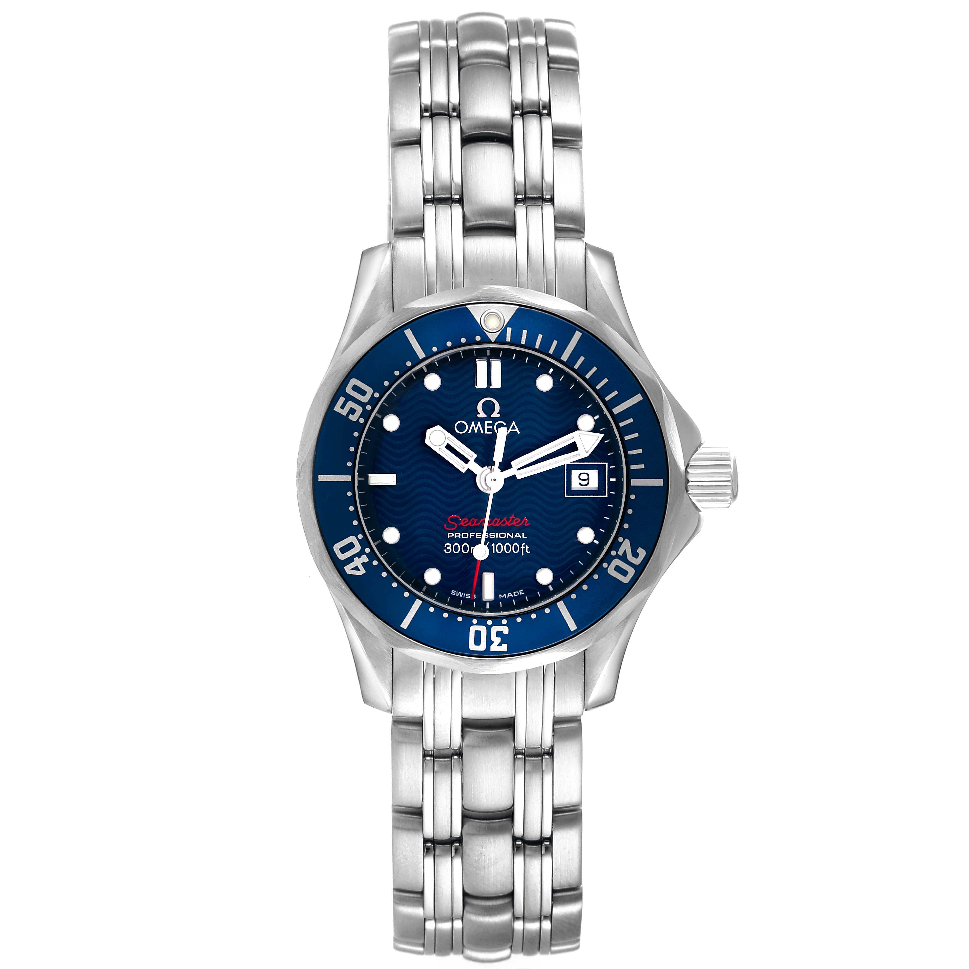 The image shows a front view of the Omega 2224.80.00 Women
s Stainless Steel Blue Dial Seamaster Diver 300M 28mm Blue Dial Steel Ladies Watch 2224.80.00, highlighting the dial and bezel.