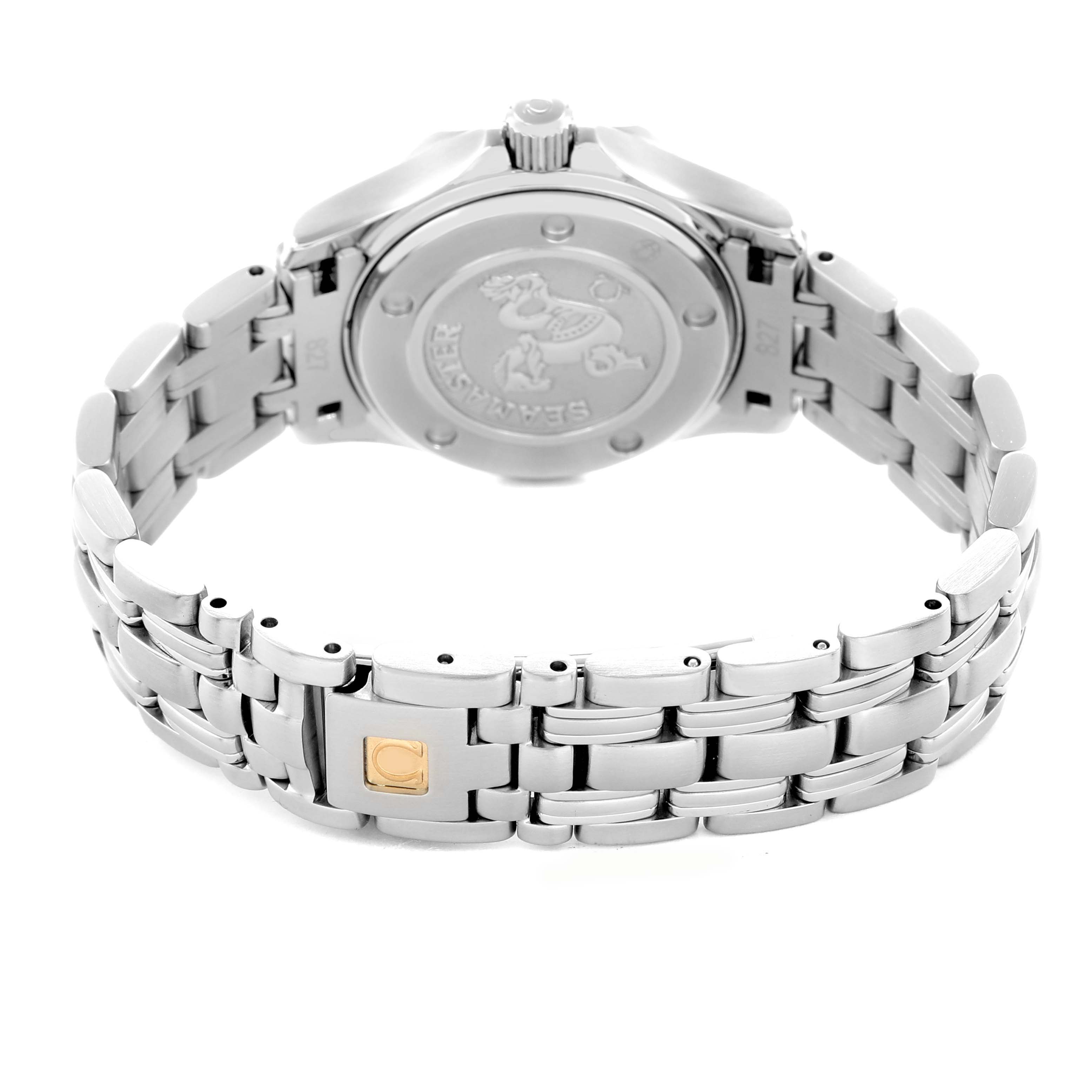 The image shows the back view of the Omega 2224.80.00 Women
s Stainless Steel Blue Dial Seamaster Diver 300M 28mm, highlighting the case back and metal bracelet.