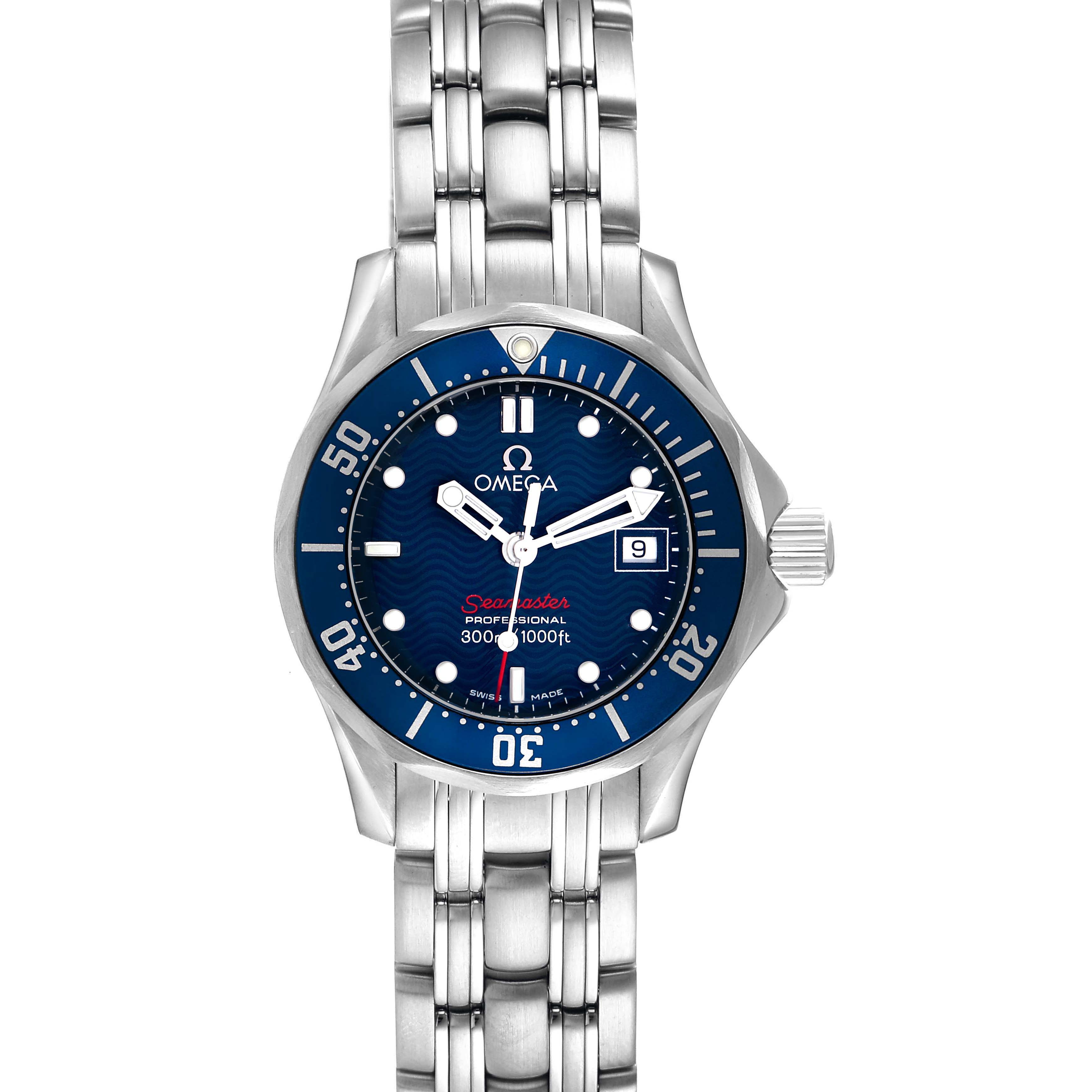 The Omega 2224.80.00 Women
s Stainless Steel Blue Dial Seamaster Diver 300M 28mm features a front view showing the blue dial, bezel, bracelet, and crown.