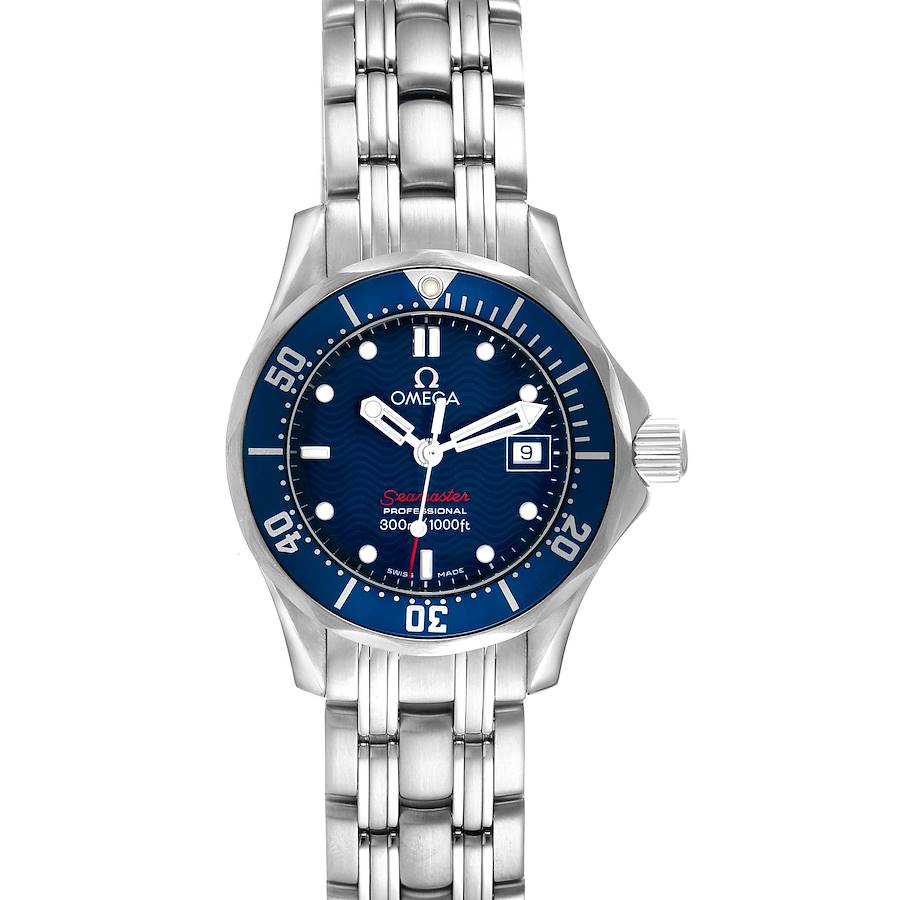 The Omega 2224.80.00 Women's Stainless Steel Blue Dial Seamaster Diver 300M 28mm features a front view showing the blue dial, bezel, bracelet, and crown.