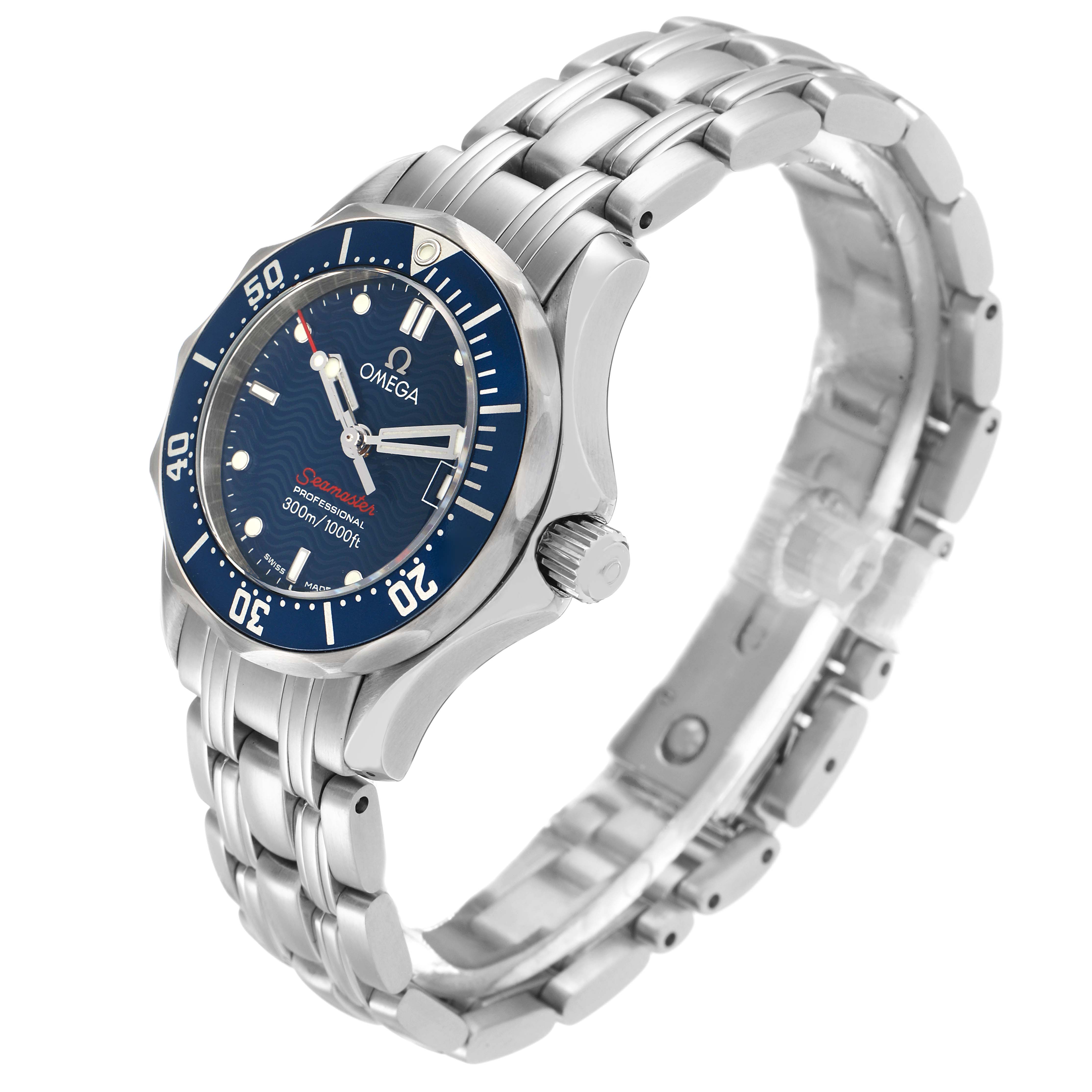 The Omega 2224.80.00 Women
s Stainless Steel Blue Dial Seamaster Diver 300M watch is shown at a slight angle highlighting the blue dial, bezel, case, and bracelet.