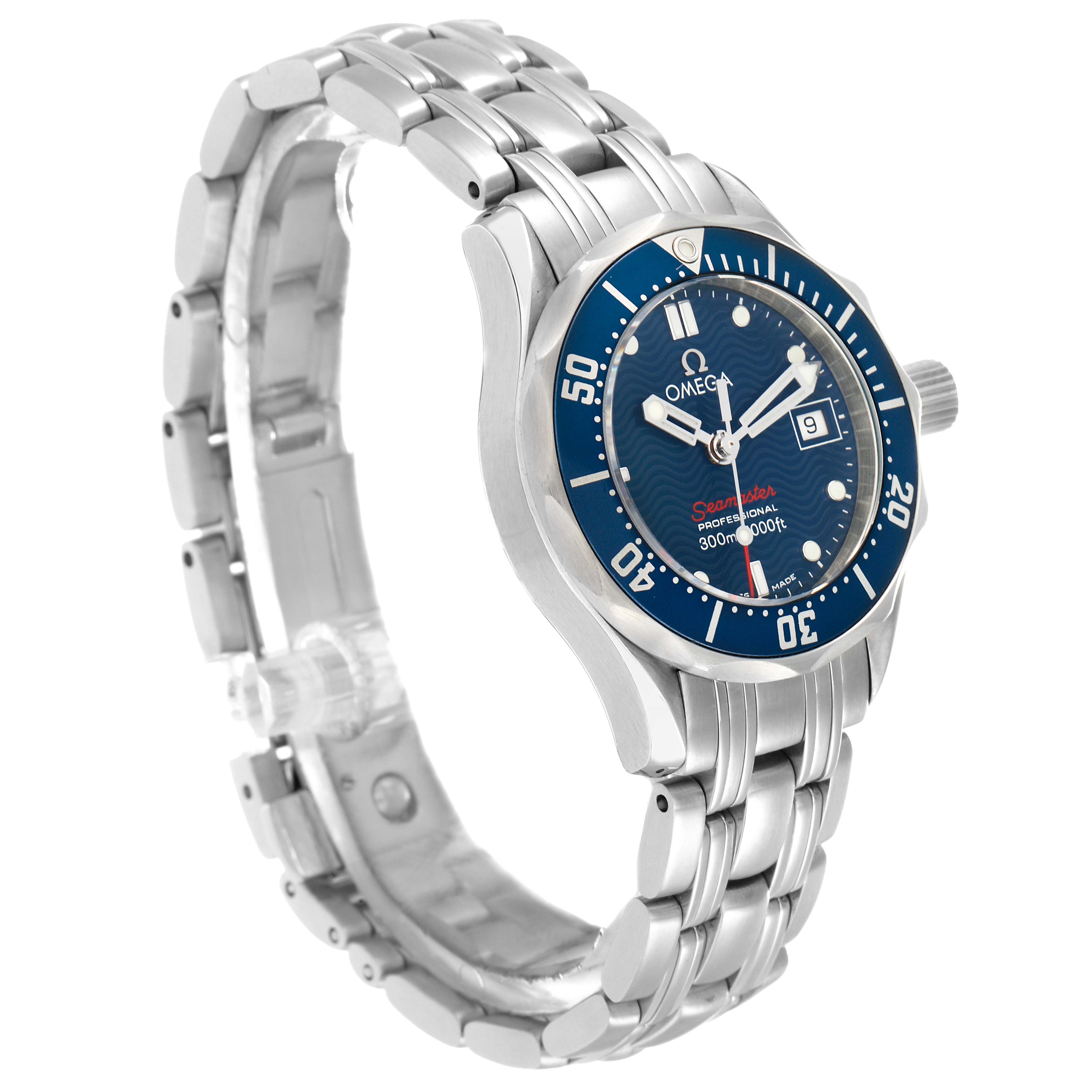 The Omega 2224.80.00 Women
s Stainless Steel Blue Dial Seamaster Diver 300M 28mm watch is shown at a three-quarter angle, highlighting the blue dial, bezel, and steel bracelet.