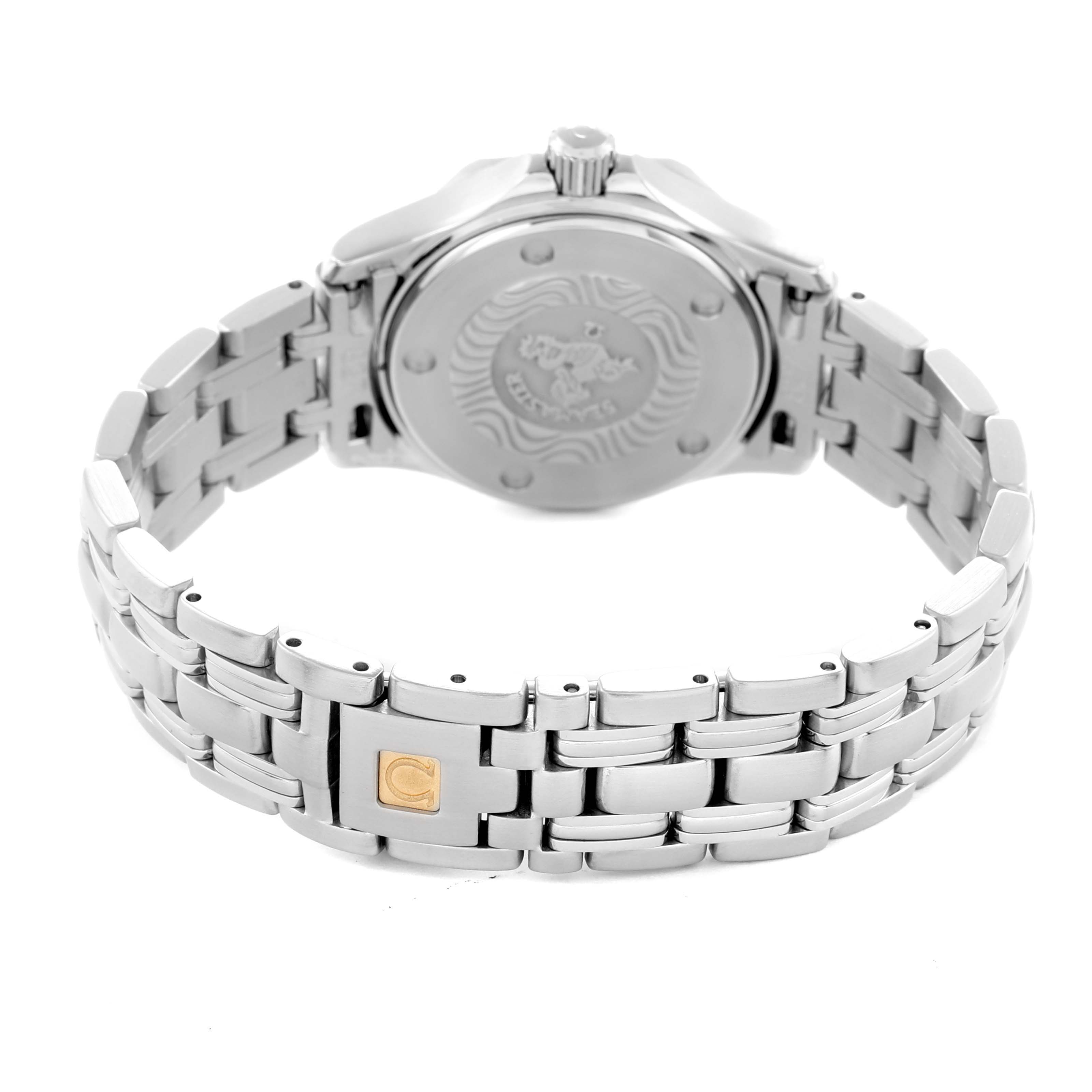 The image shows the back view of the Omega 2583.80.00 Women
s Stainless Steel Blue Dial Seamaster Diver 300M 28mm, highlighting the case back and bracelet clasp.