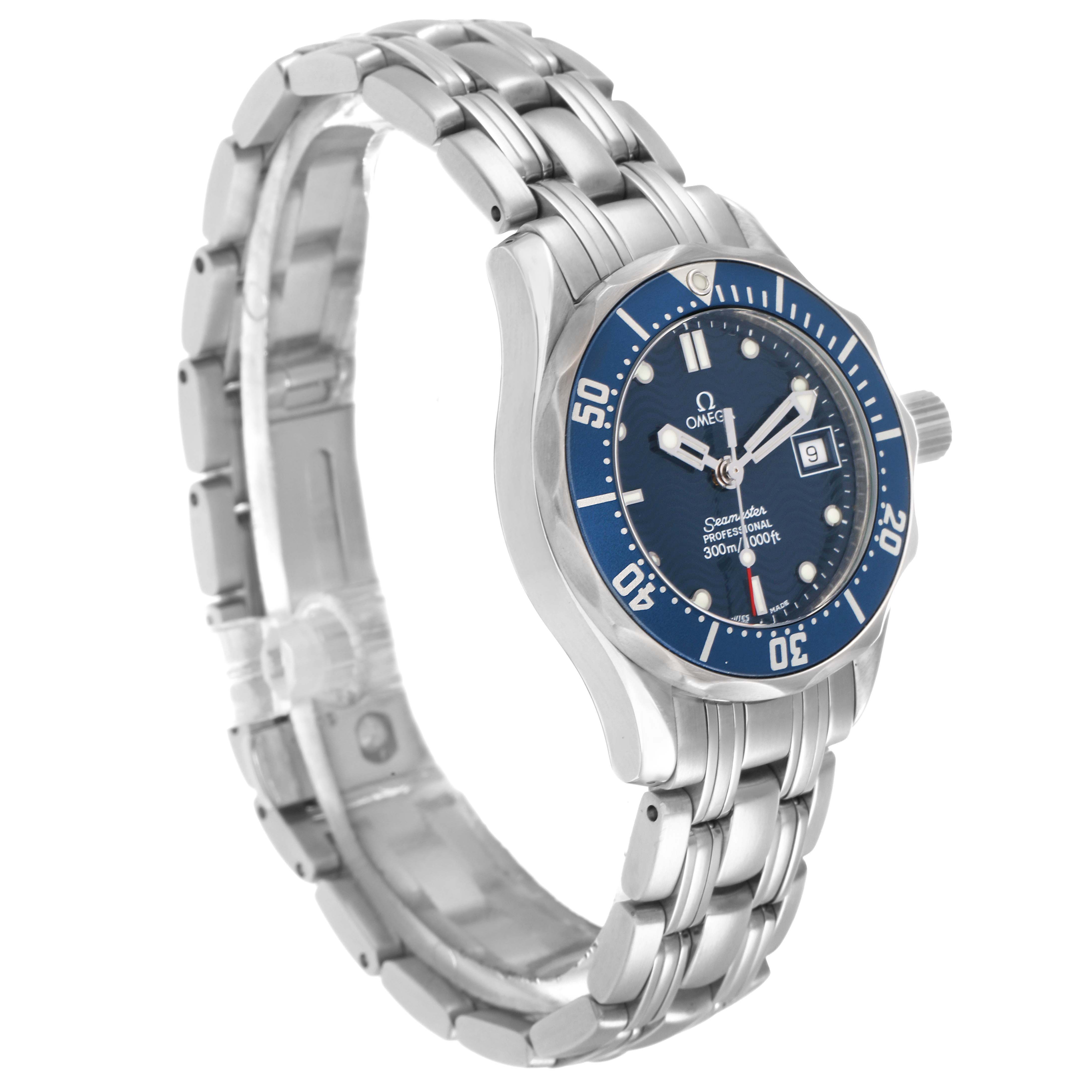 The image shows a side-angle view of the Omega 2583.80.00 Women
s Stainless Steel Blue Dial Seamaster Diver 300M 28mm Blue Dial Steel Ladies Watch, emphasizing the dial and bracelet.