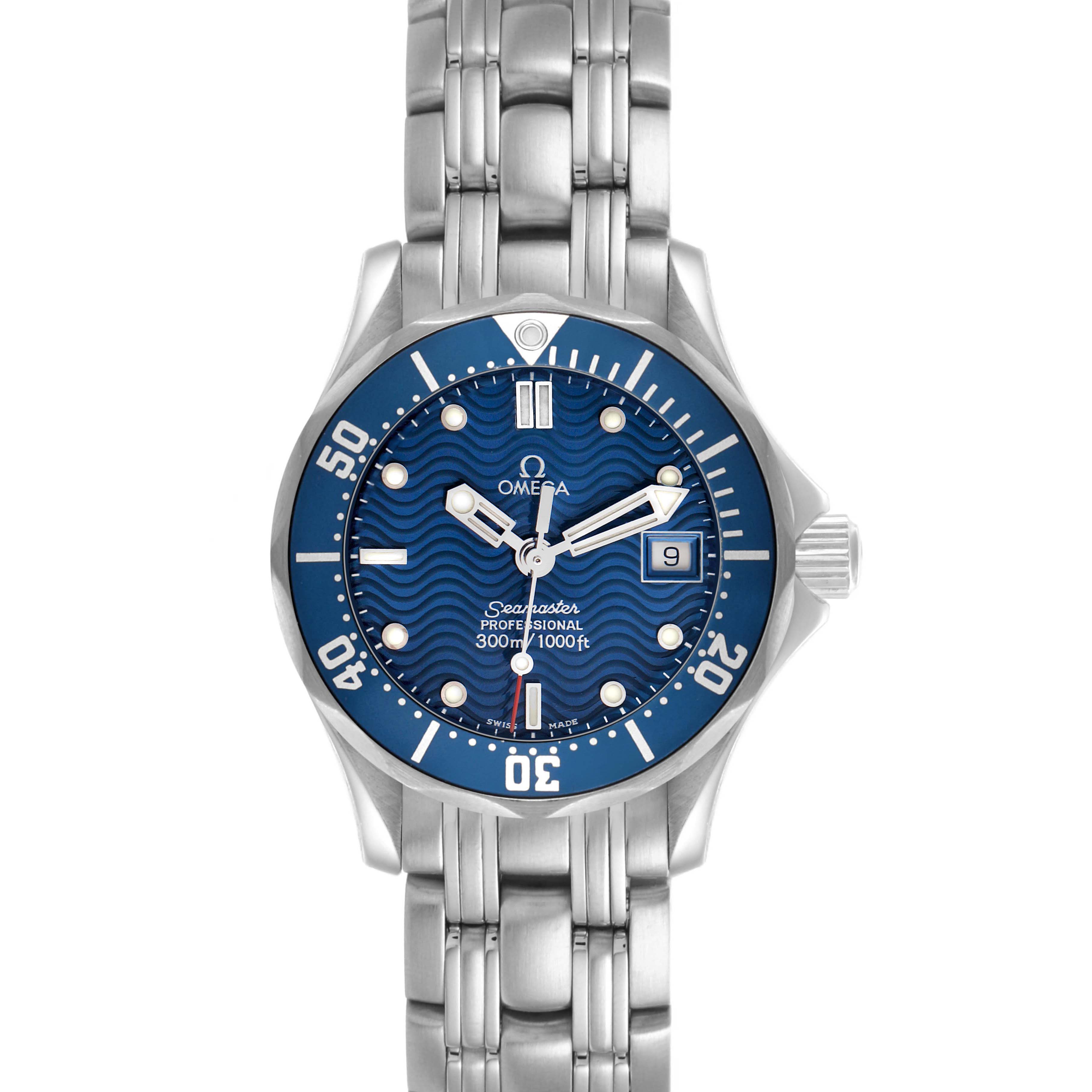The Omega 2583.80.00 Women
s Stainless Steel Blue Dial Seamaster Diver 300M 28mm Blue Dial Steel Ladies Watch 2583.80.00 is shown from a top-down angle, highlighting the dial, bezel, and bracelet.