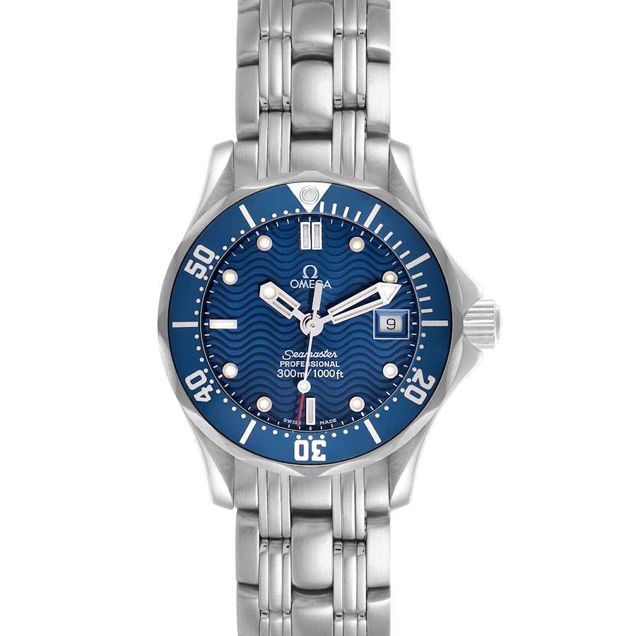 The Omega 2583.80.00 Women's Stainless Steel Blue Dial Seamaster Diver 300M 28mm Blue Dial Steel Ladies Watch 2583.80.00 is shown from a top-down angle, highlighting the dial, bezel, and bracelet.