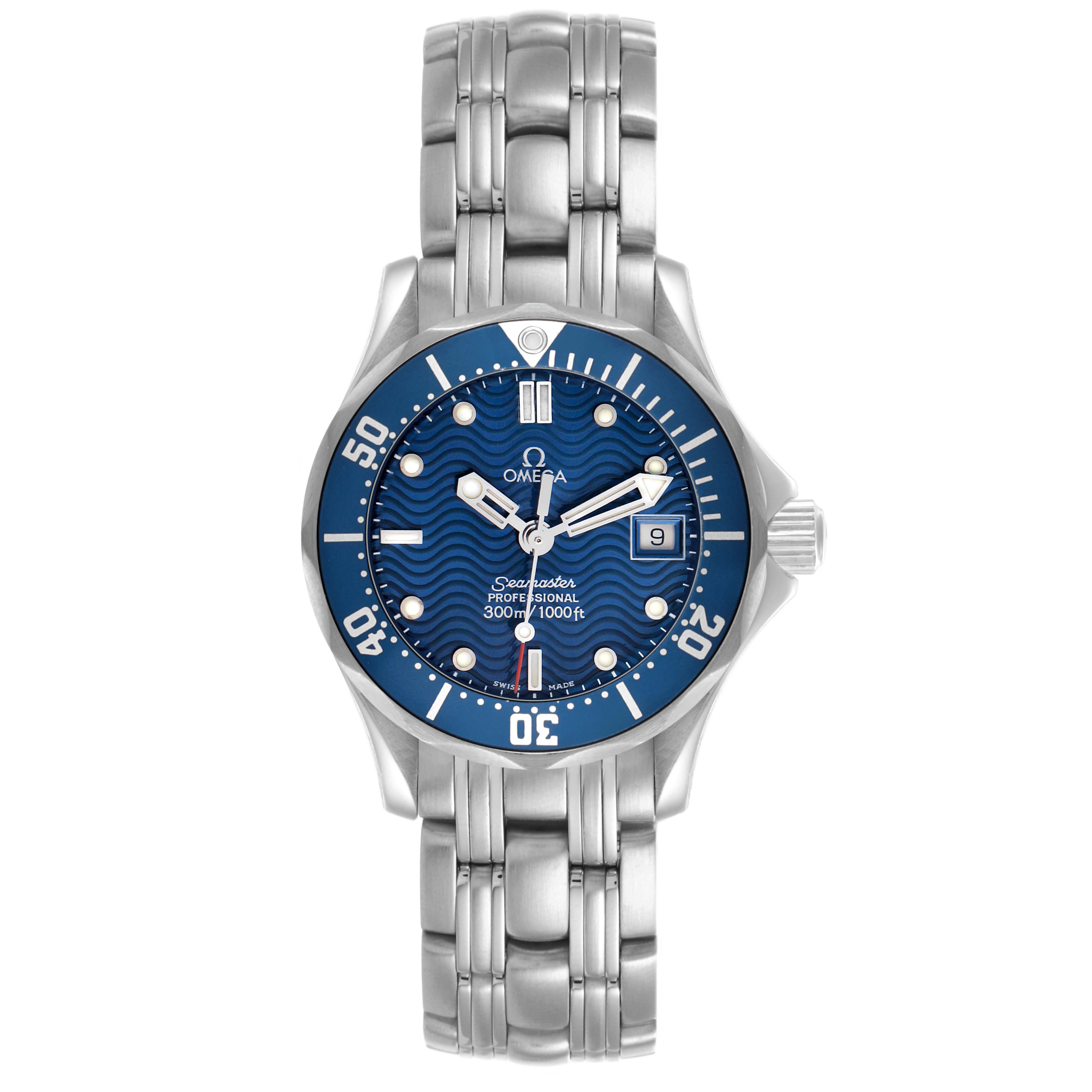 The Omega 2583.80.00 Women
s Stainless Steel Blue Dial Seamaster Diver 300M 28mm is shown from the front, highlighting the blue dial, bezel, and stainless steel bracelet.