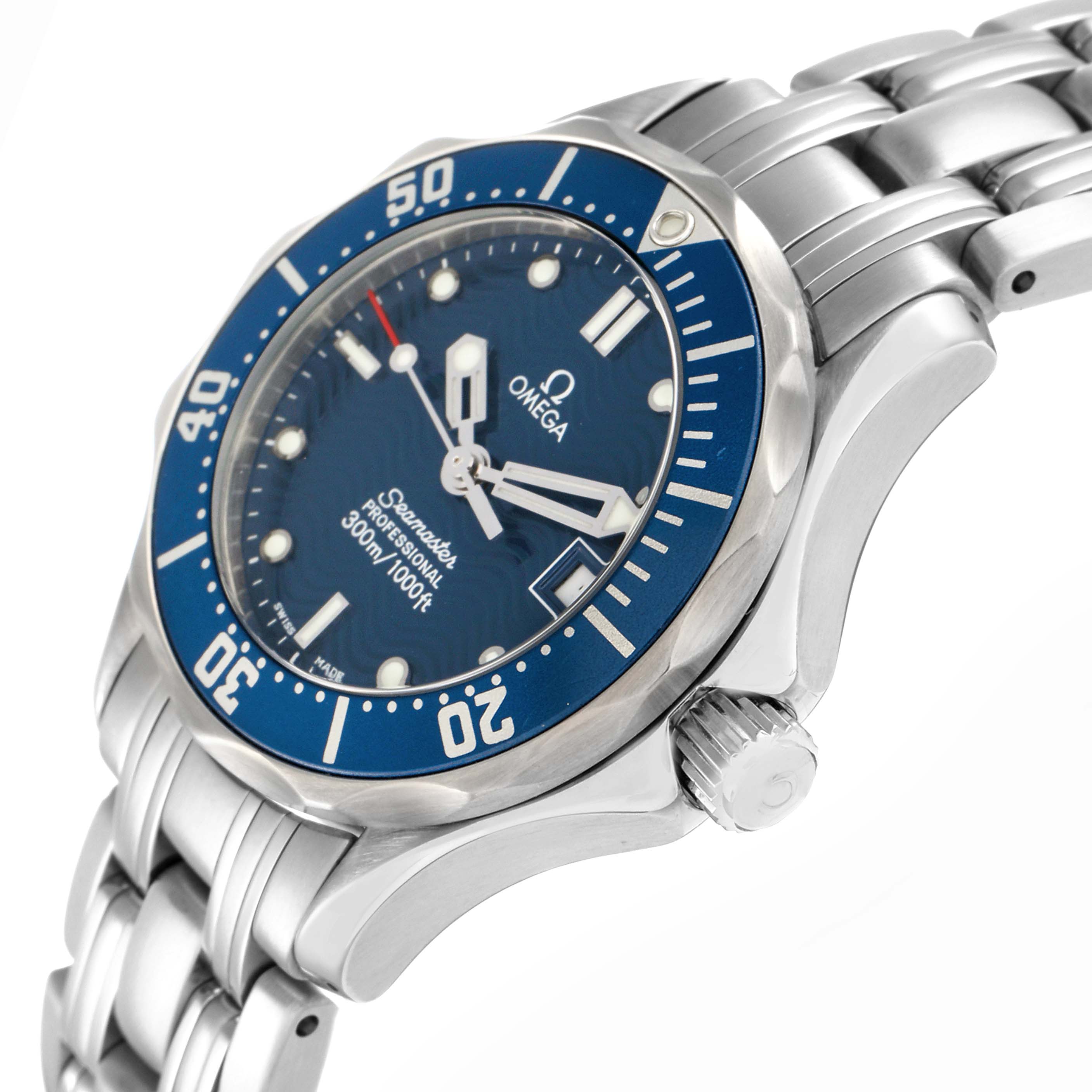 The Omega 2583.80.00 Women
s Stainless Steel Blue Dial Seamaster Diver 300M watch is shown from a side angle highlighting the blue dial, bezel, and part of the bracelet.
