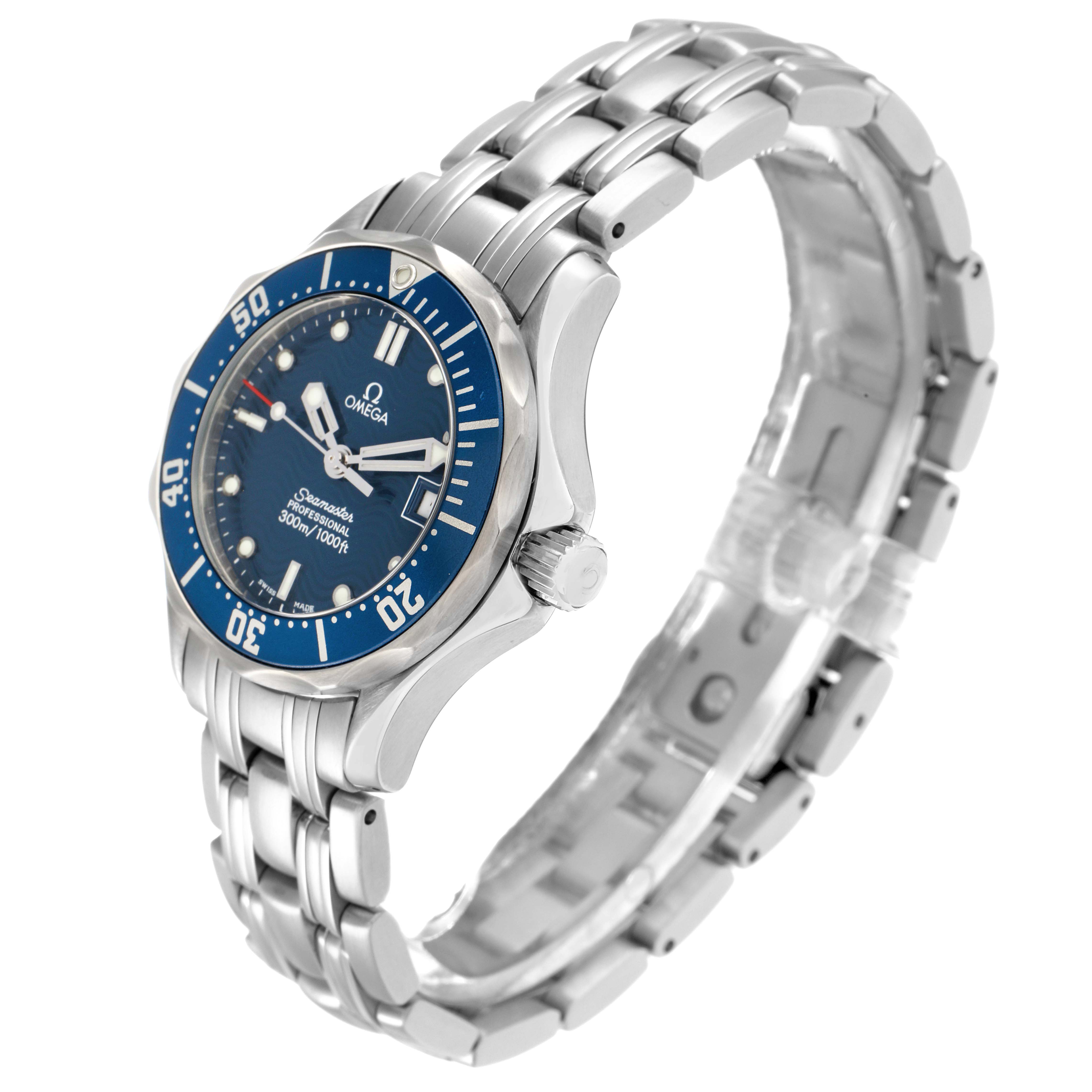 The Omega 2583.80.00 Women
s Stainless Steel Blue Dial Seamaster Diver 300M is shown at a three-quarter angle, displaying the blue dial and steel bracelet clearly.