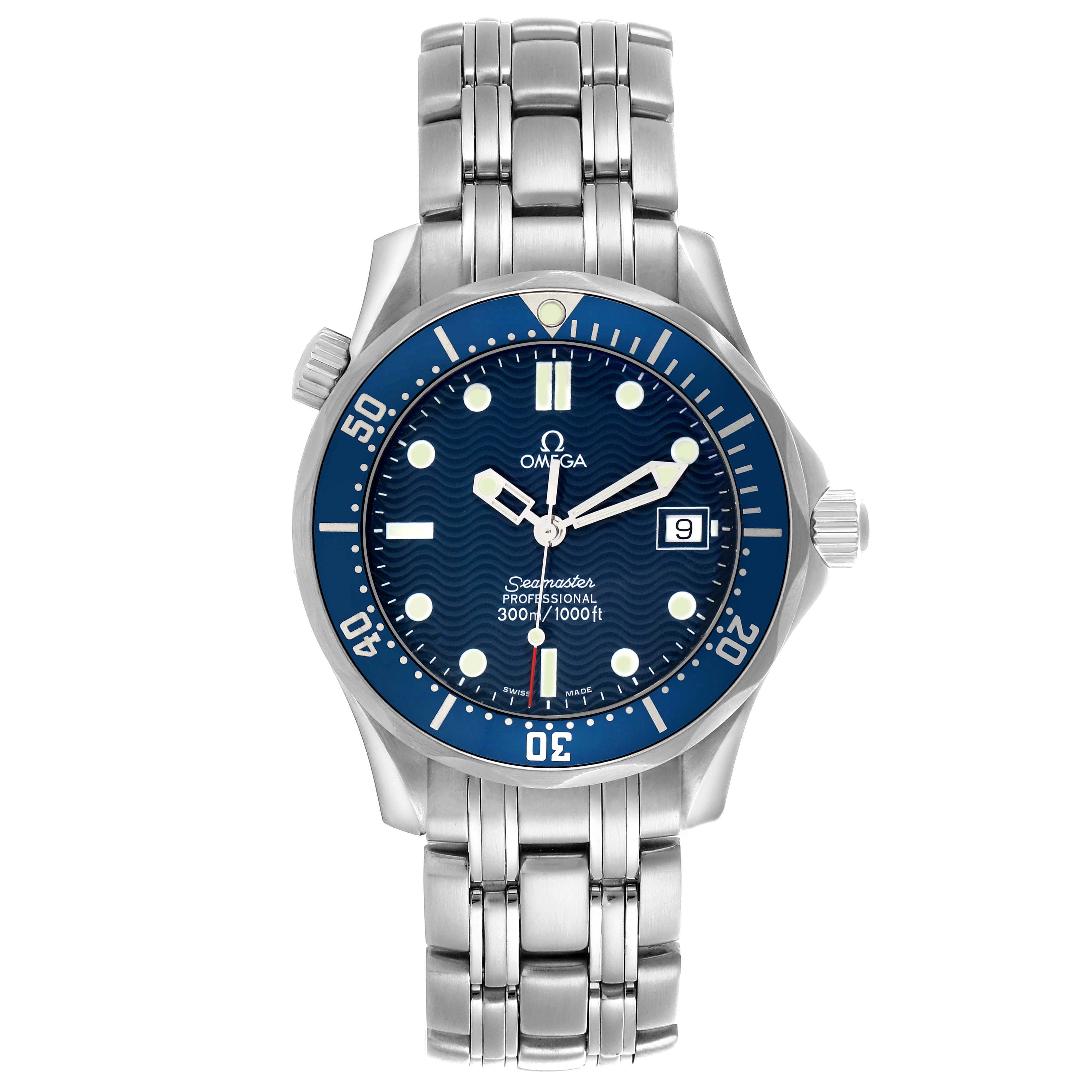 The Omega Seamaster 2561.80.00 Men
s Stainless Steel Blue Dial watch is shown from the front, displaying the dial, bracelet, and bezel.