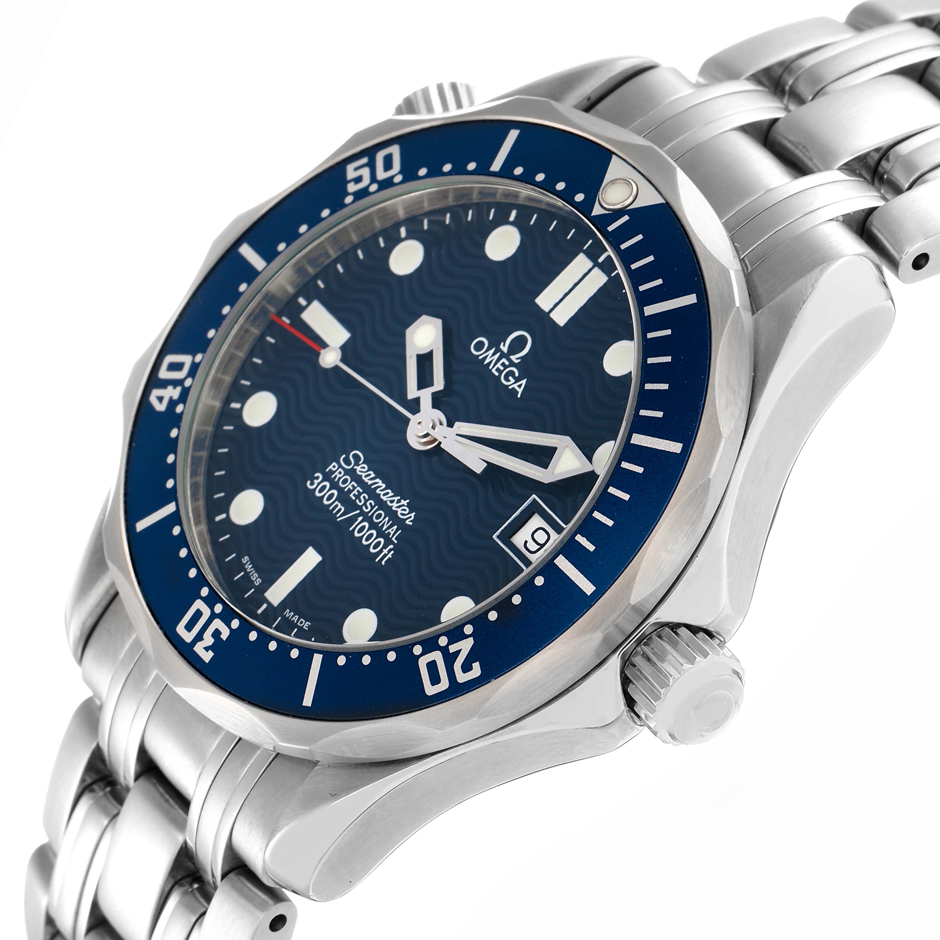 The Omega Seamaster 2561.80.00 Men
s Stainless Steel Blue Dial watch is shown at an angled view, highlighting the bezel, crown, dial, and bracelet.