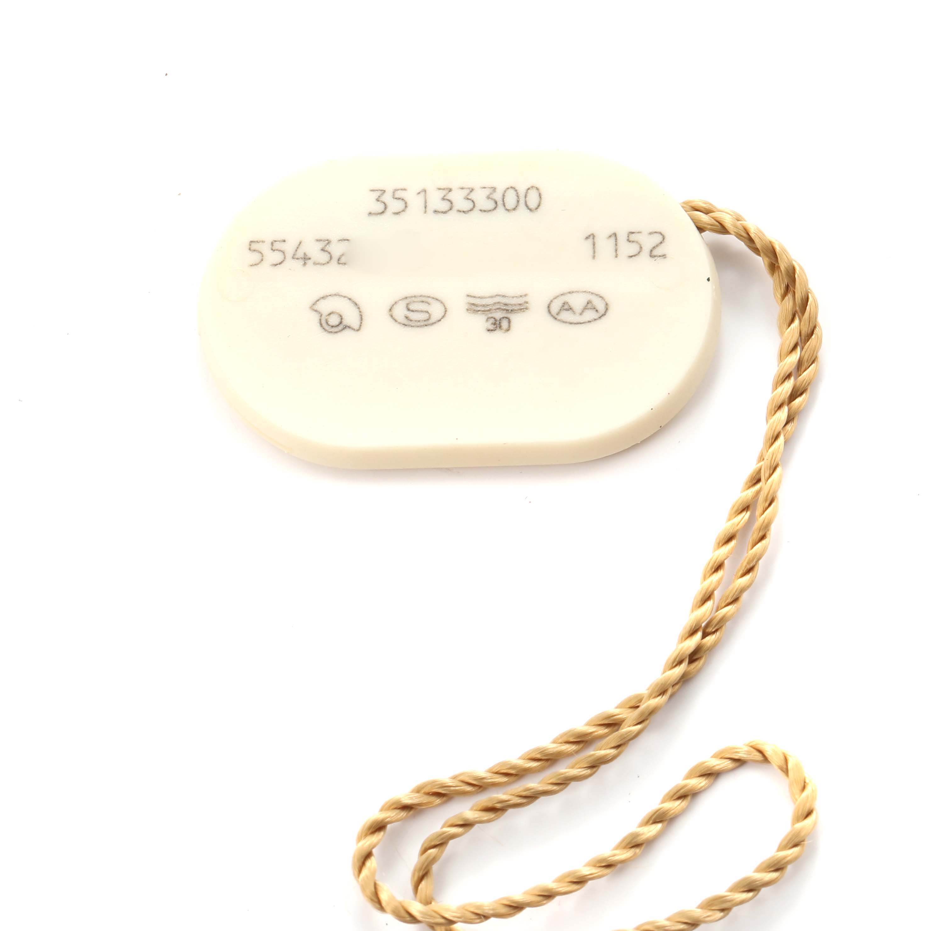 This image shows an Omega Seamaster 2561.80.00 Men
s Stainless Steel Blue Dial watch tag with a serial number and a twisted cord.