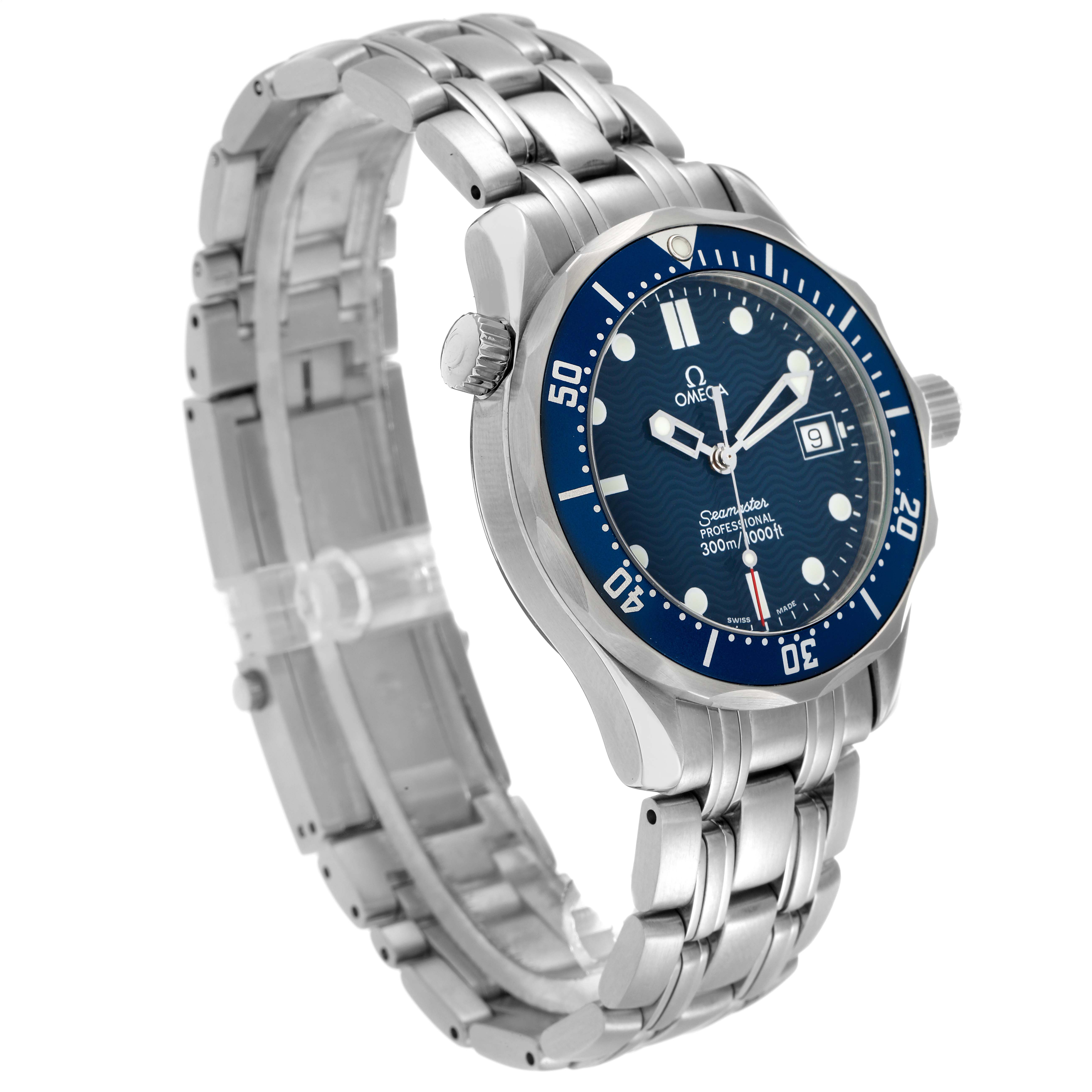 The Omega Seamaster 2561.80.00 Men
s Stainless Steel Blue Dial watch is shown at a three-quarter angle, displaying the face, bezel, bracelet, and crown.