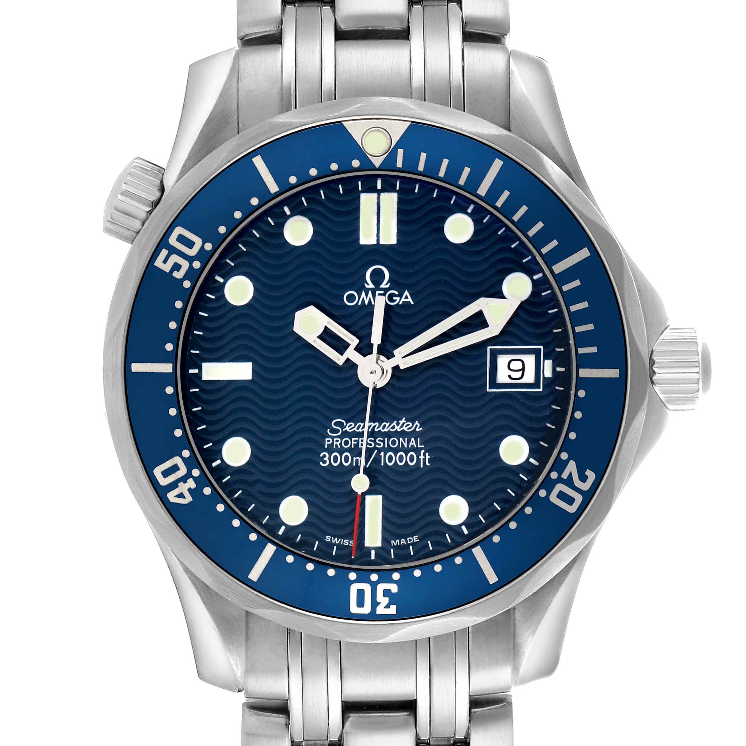 The Omega Seamaster 2561.80.00 Men
s Stainless Steel Blue Dial watch is shown from the front, highlighting the bezel, dial, hands, date window, and part of the bracelet.