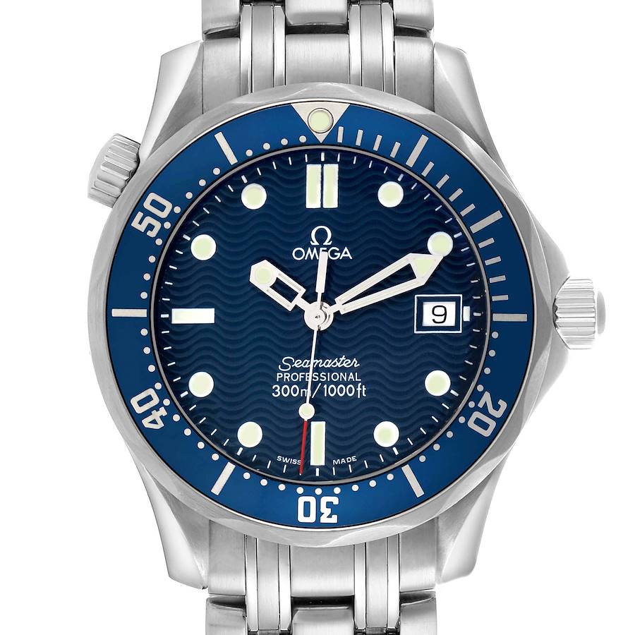 The Omega Seamaster 2561.80.00 Men's Stainless Steel Blue Dial watch is shown from the front, highlighting the bezel, dial, hands, date window, and part of the bracelet.