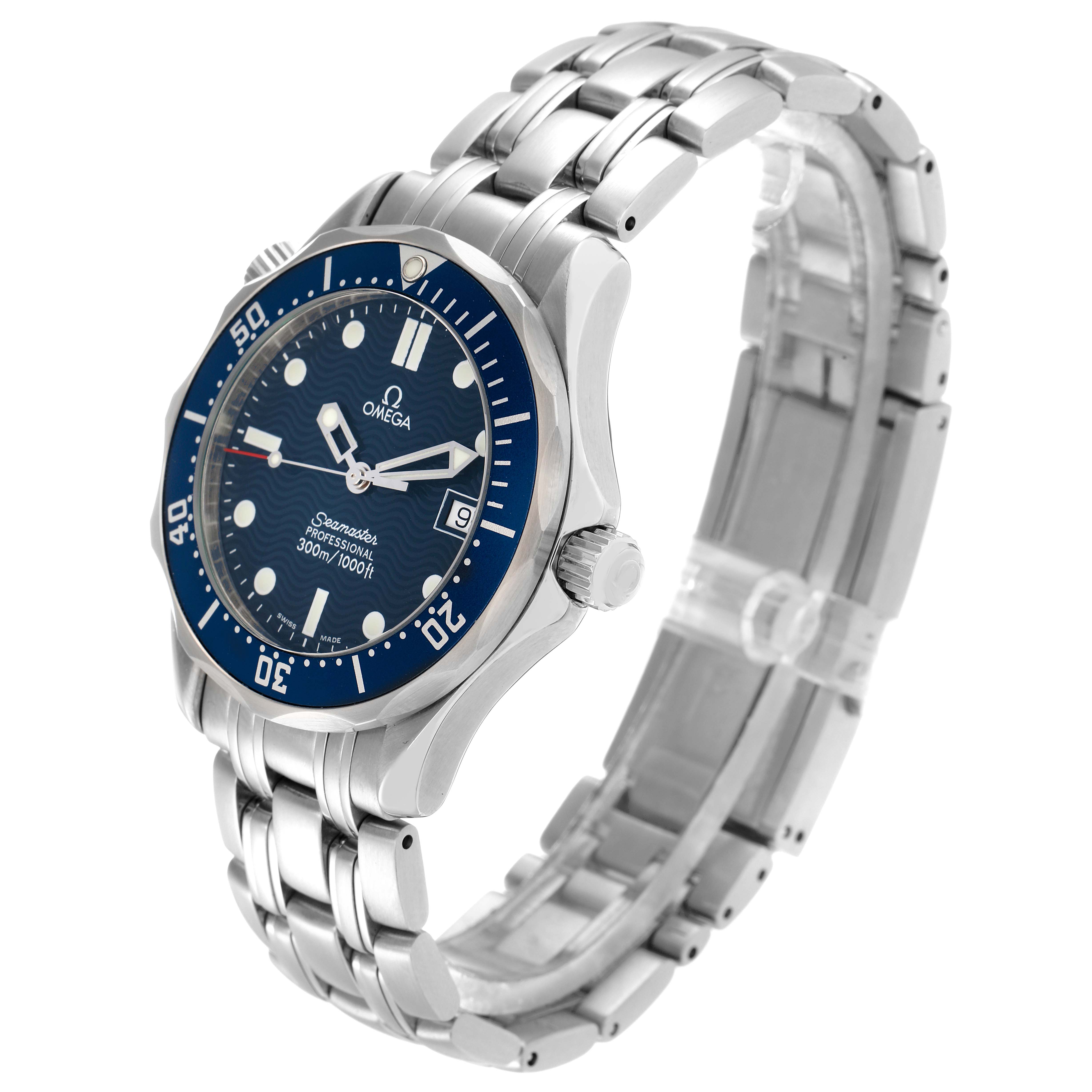 The Omega Seamaster 2561.80.00 Men
s Stainless Steel Blue Dial watch is shown at a three-quarter angle, highlighting the face, bezel, crown, and stainless steel bracelet.