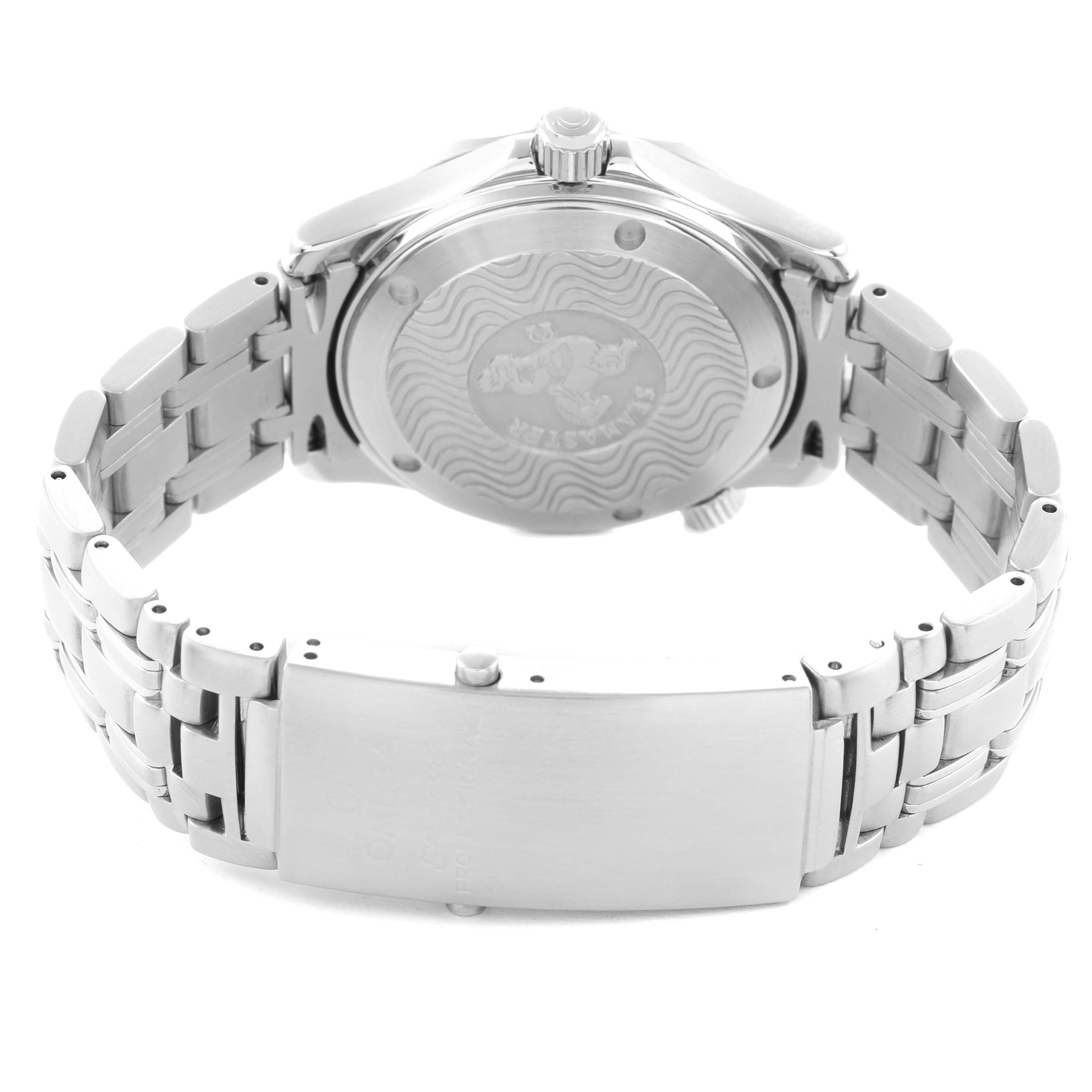 The Omega Seamaster 2561.80.00 Men
s Stainless Steel Blue Dial watch is shown from the back, highlighting the case back, bracelet, and clasp.