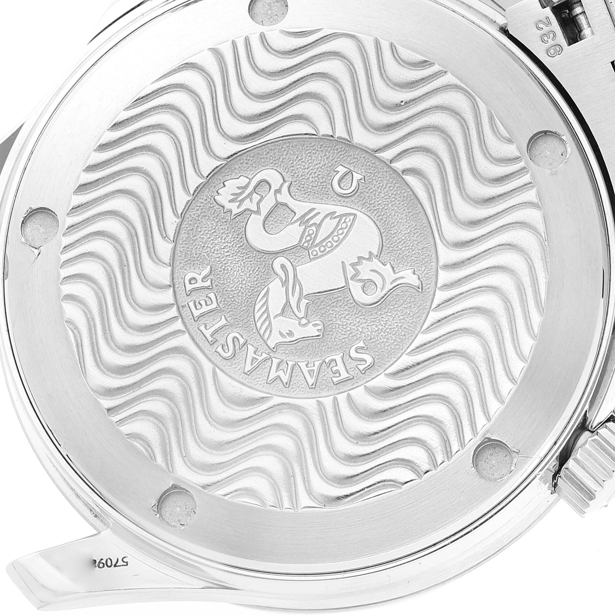 This image shows the case back of an Omega Seamaster 2262.50.00 Men's Stainless Steel Black Dial 2262.50.00 Men's Stainless Steel Black Dial watch, featuring its emblem and wave pattern design.