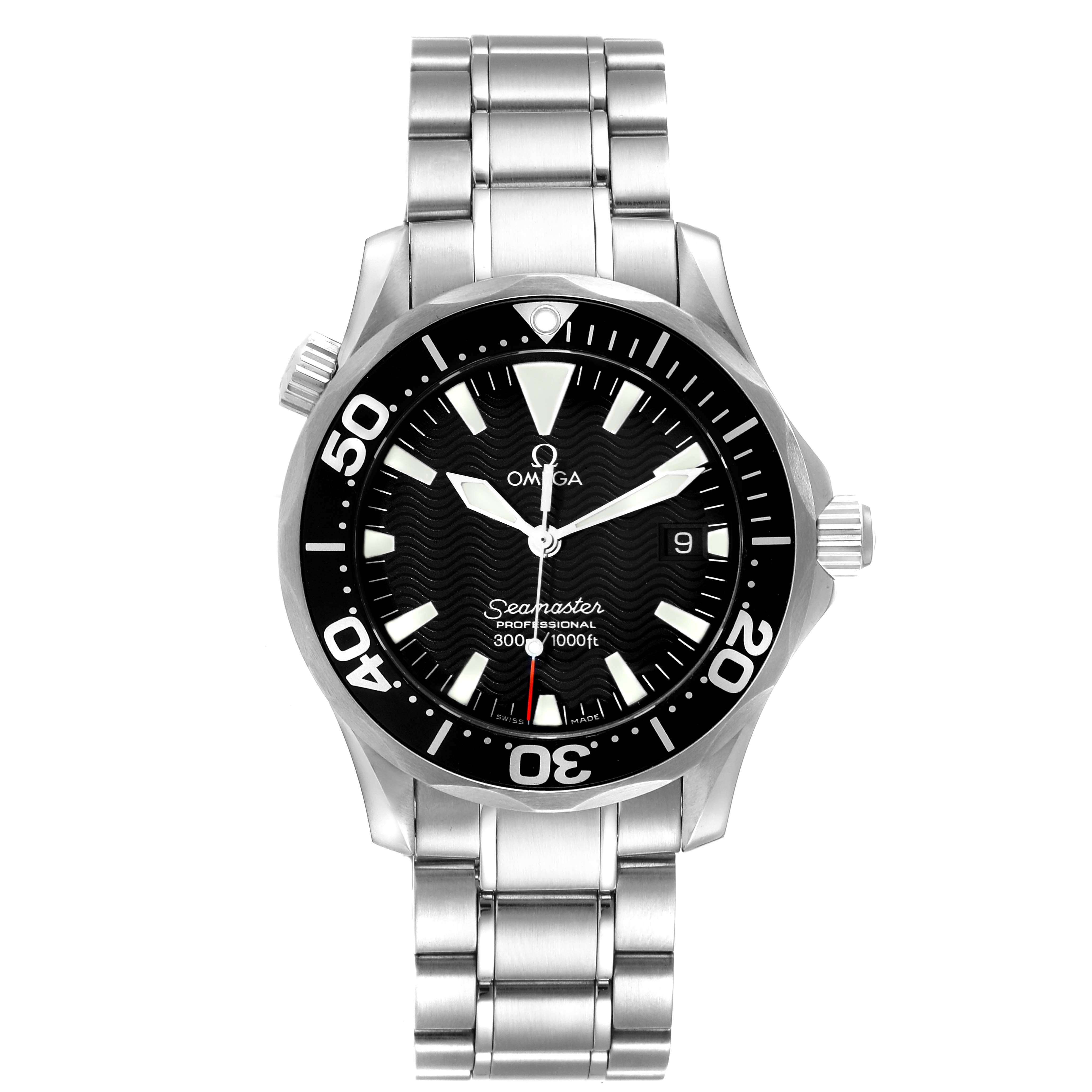 This image shows a front view of the Omega Seamaster 2262.50.00 Men's Stainless Steel Black Dial 2262.50.00 Men's Stainless Steel Black Dial watch, displaying its dial, bezel, crown, and stainless steel bracelet.