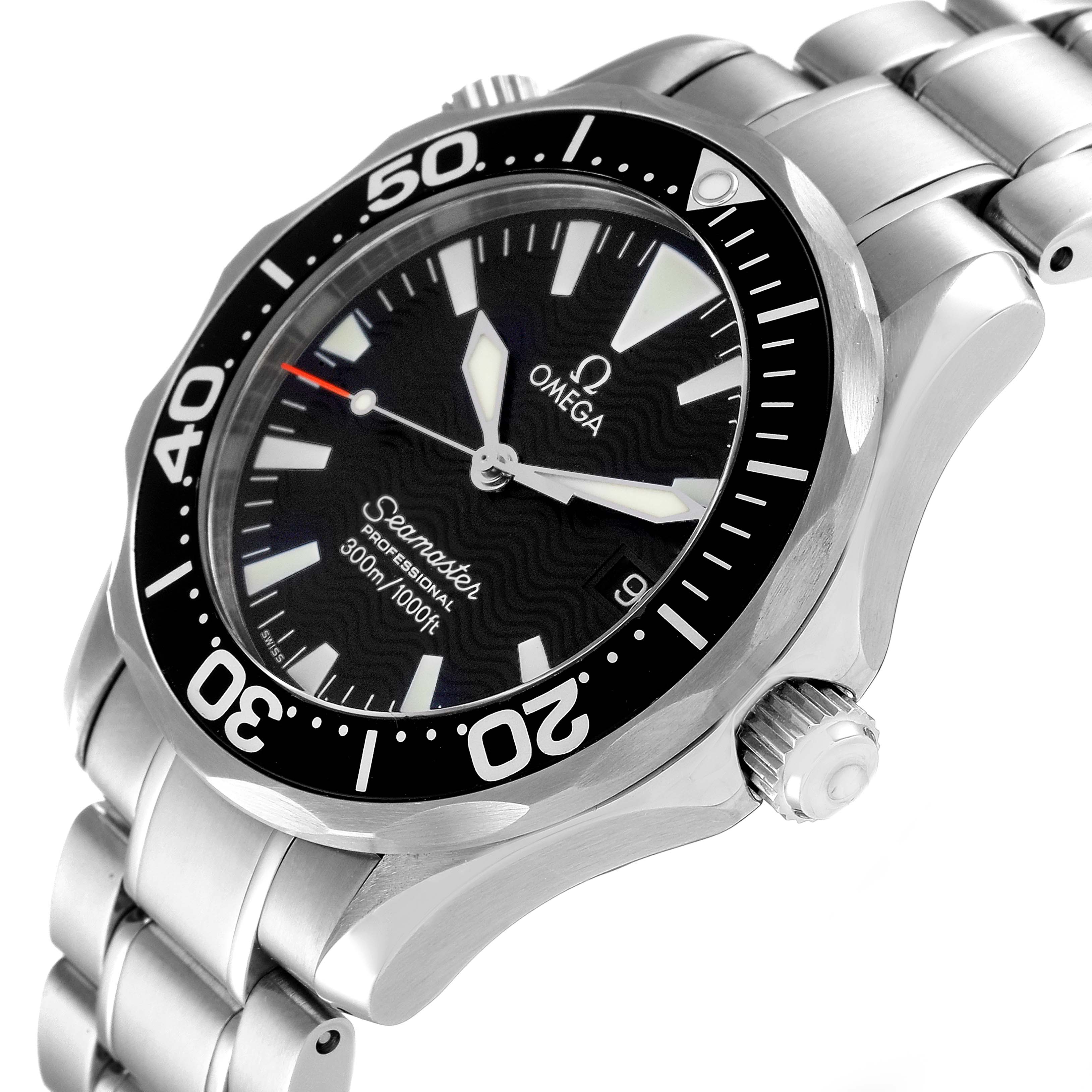 The Omega Seamaster 2262.50.00 Men's Stainless Steel Black Dial 2262.50.00 Men's Stainless Steel Black Dial watch is shown at an angled view, highlighting its bezel, dial, and part of its bracelet.
