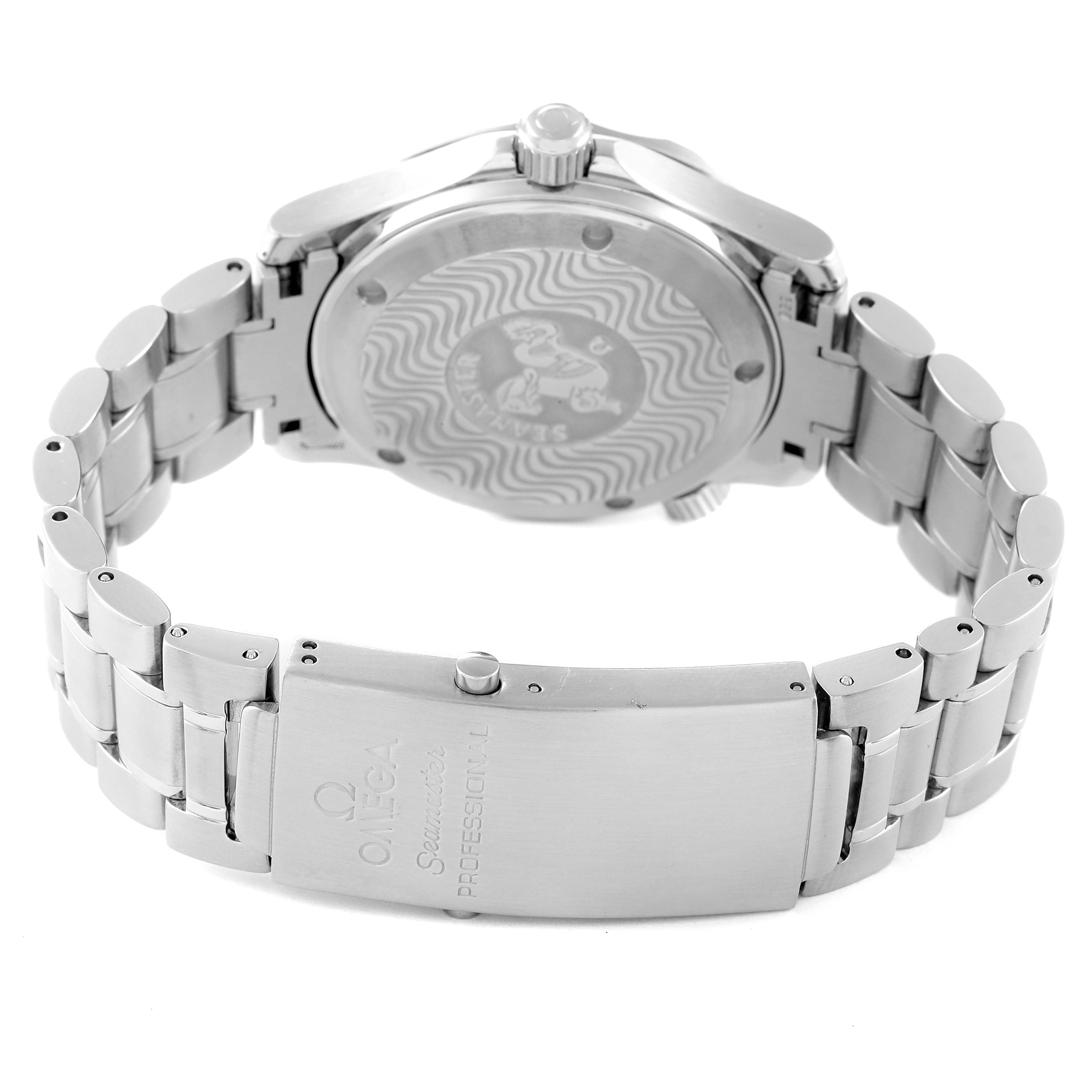 The image shows the back case and clasp of an Omega Seamaster 2262.50.00 Men's Stainless Steel Black Dial 2262.50.00 Men's Stainless Steel Black Dial watch from a rear angle.