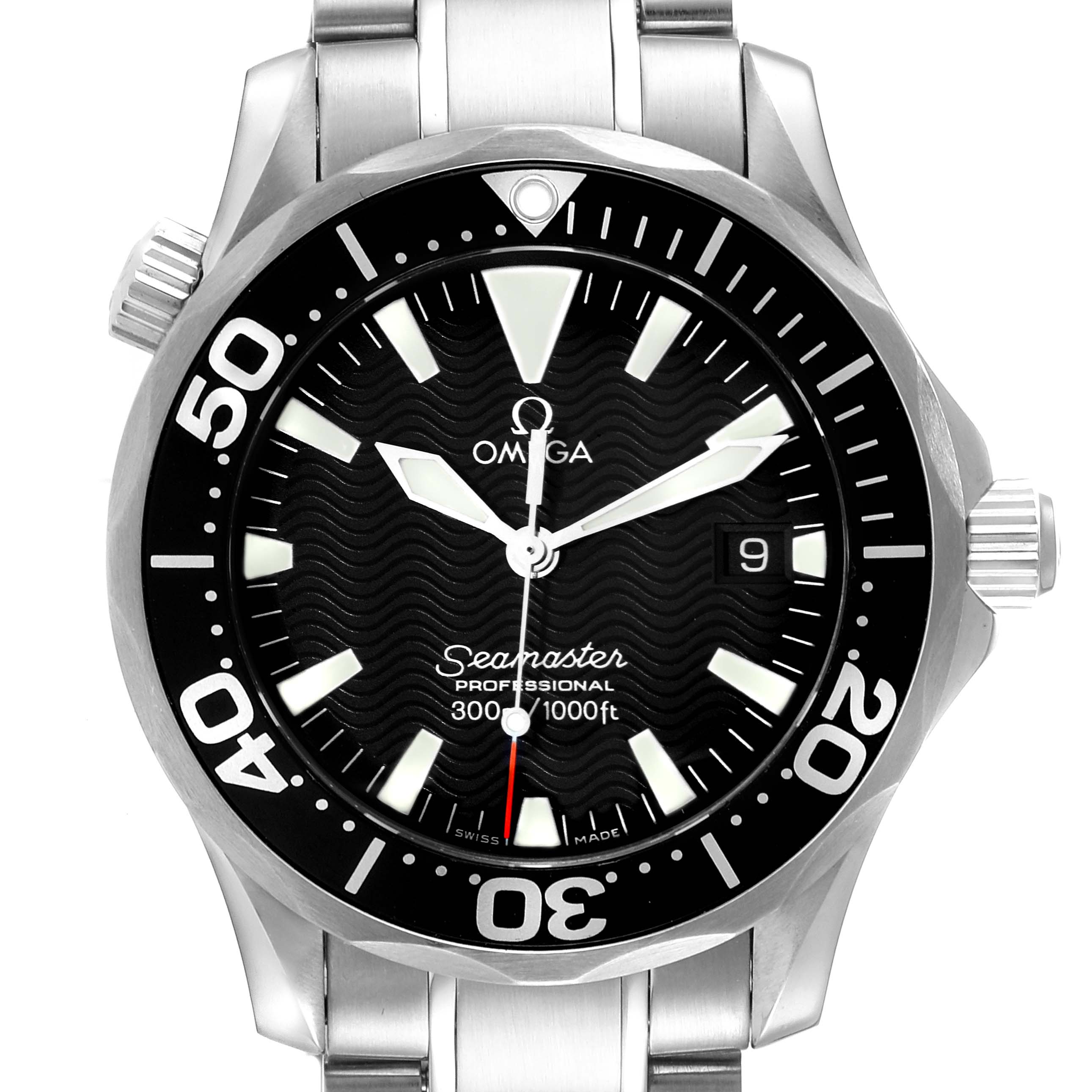 The Omega Seamaster 2262.50.00 Men's Stainless Steel Black Dial 2262.50.00 Men's Stainless Steel Black Dial watch is shown from a top-down angle, displaying the dial, bezel, hands, markers, and part of the metal bracelet.