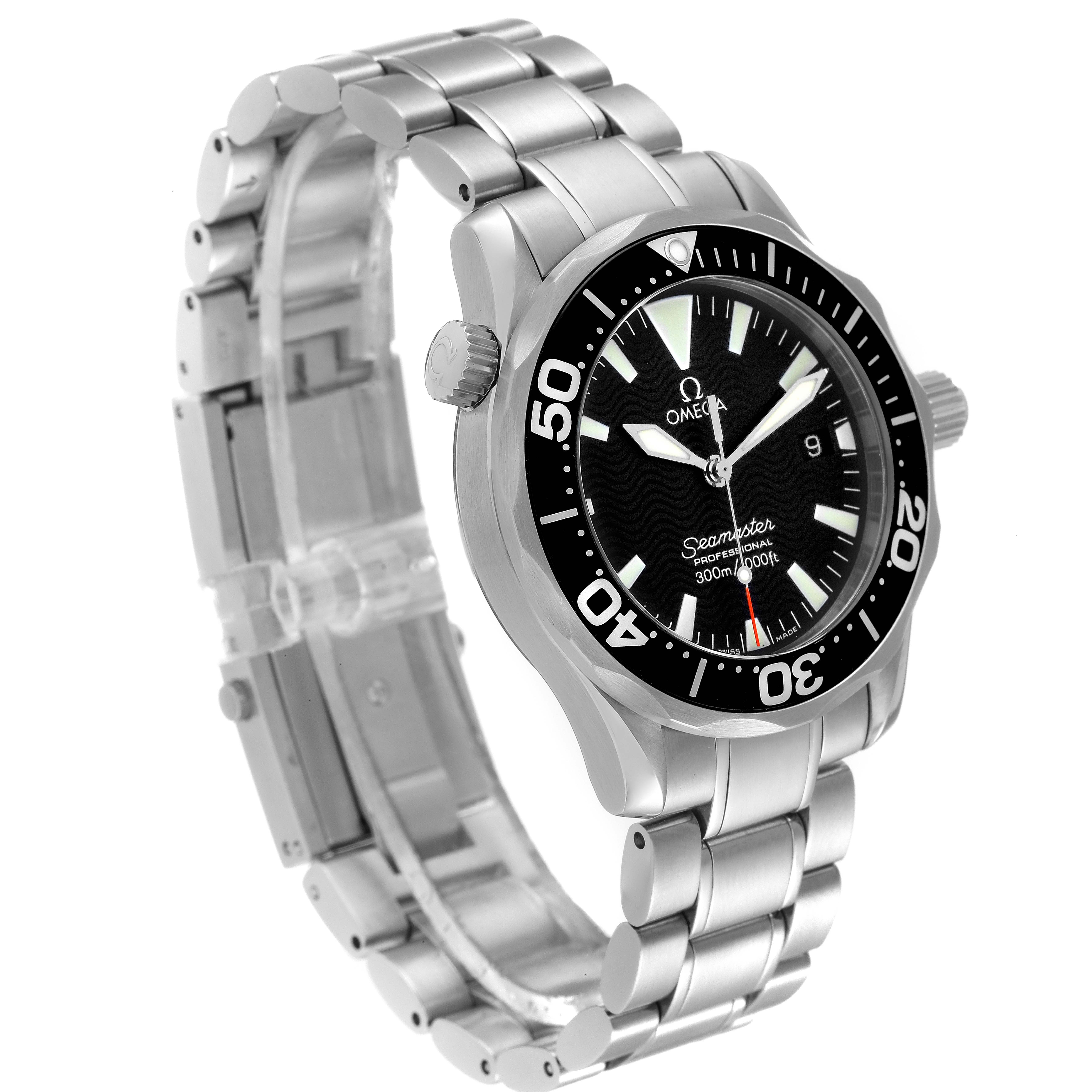 The image shows a side angle of the Omega Seamaster 2262.50.00 Men's Stainless Steel Black Dial 2262.50.00 Men's Stainless Steel Black Dial watch, highlighting its bracelet, case, bezel, and face.