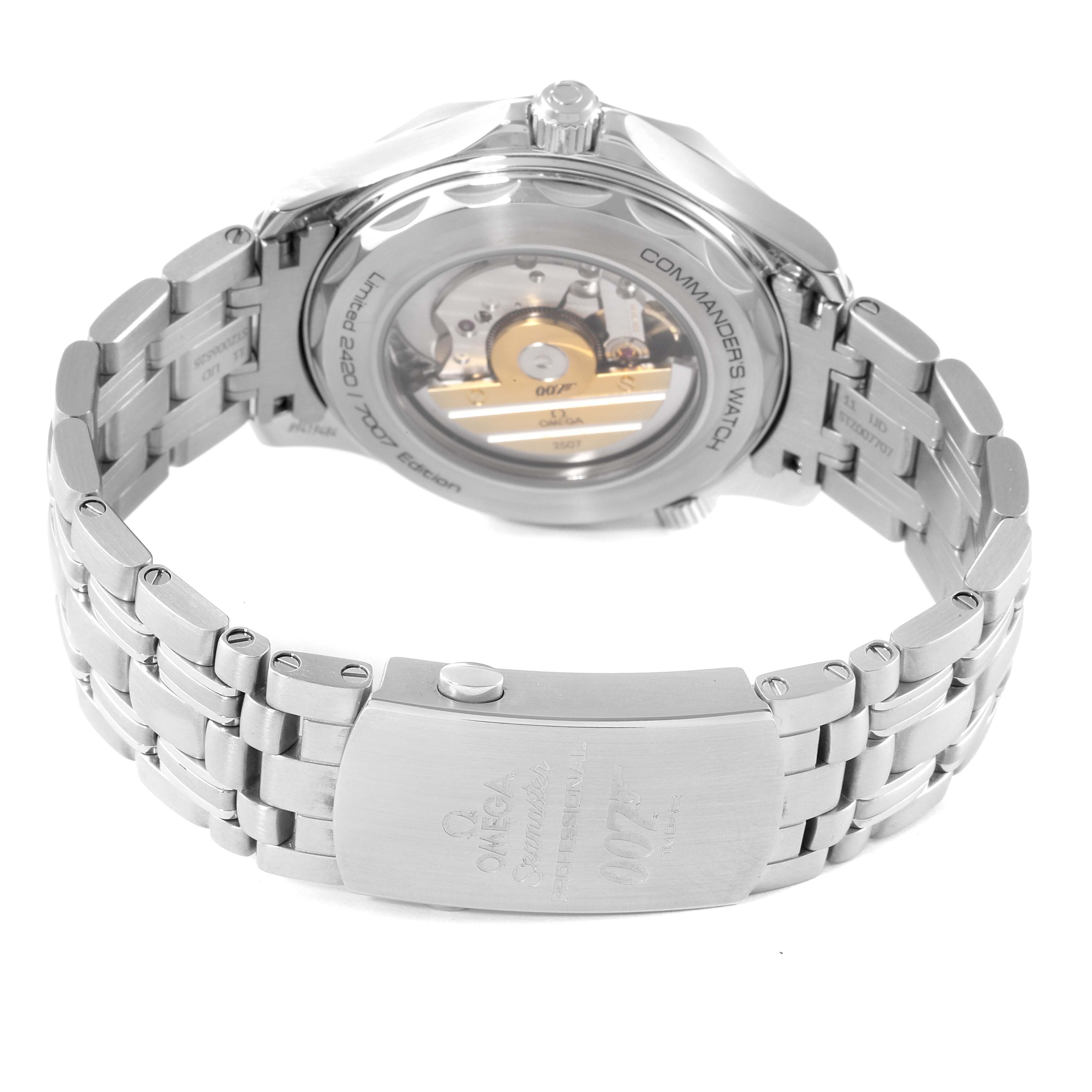 The image shows the back view of an Omega Seamaster 212.32.41.20.04.001 Men's Stainless Steel White Dial 212.32.41.20.04.001 Men's Stainless Steel White Dial watch, highlighting the transparent case back and part of the bracelet.