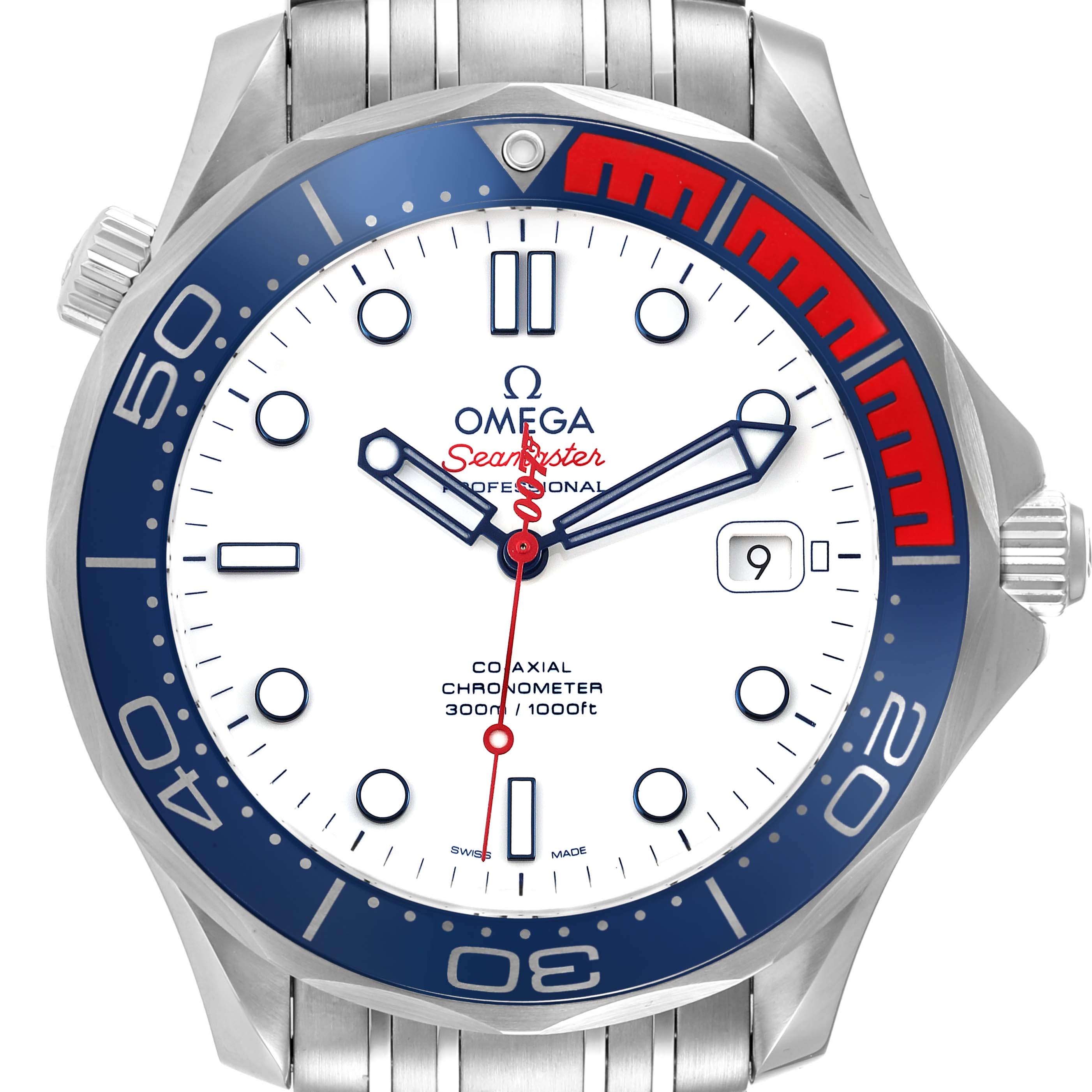 The image shows a front view of the Omega Seamaster 212.32.41.20.04.001 Men's Stainless Steel White Dial 212.32.41.20.04.001 Men's Stainless Steel White Dial watch, highlighting its white dial, red and blue bezel, and metal bracelet.