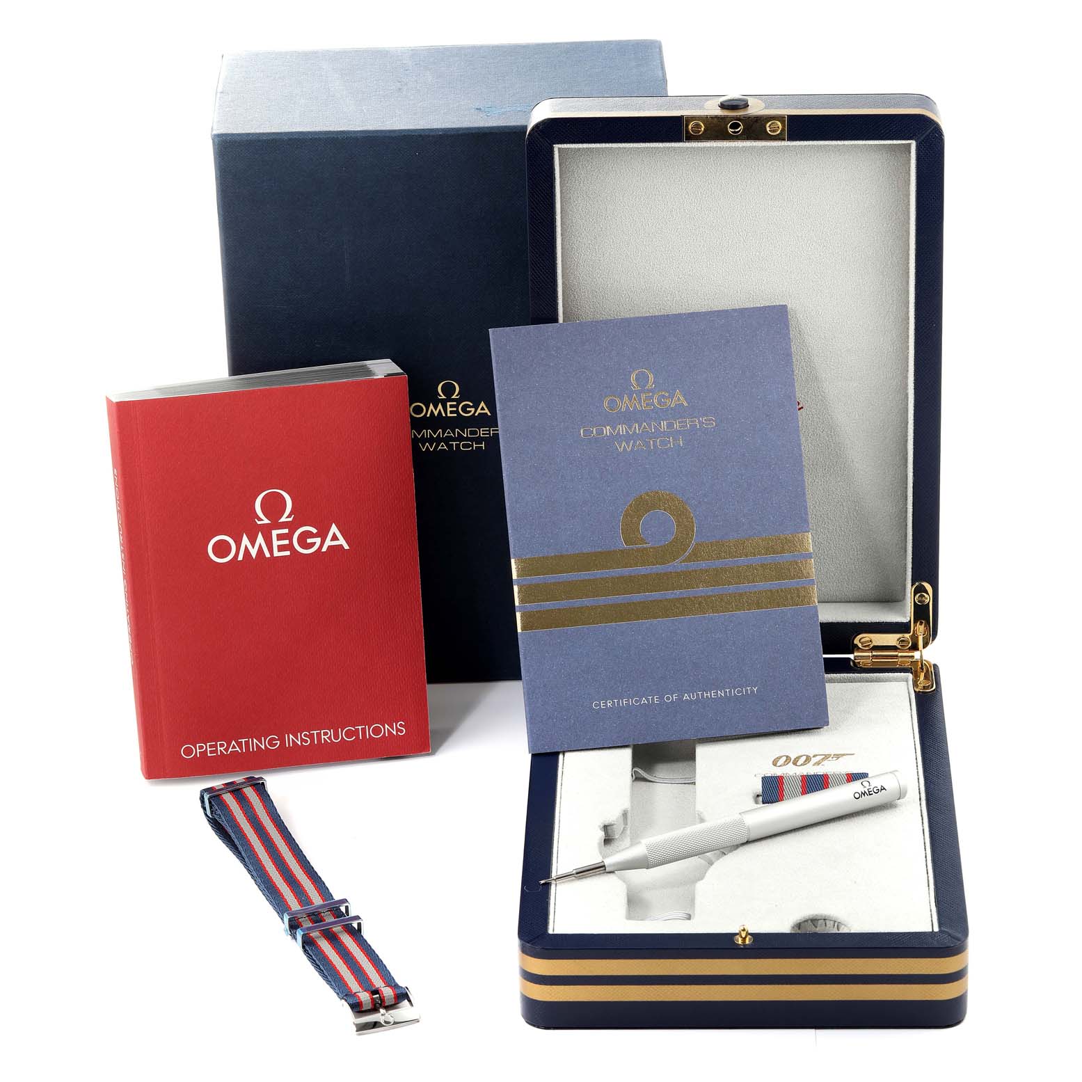 Image shows Omega Seamaster 212.32.41.20.04.001 Men's Stainless Steel White Dial 212.32.41.20.04.001 Men's Stainless Steel White Dial watch set with operating instructions, certificate, box, additional strap, and pen.