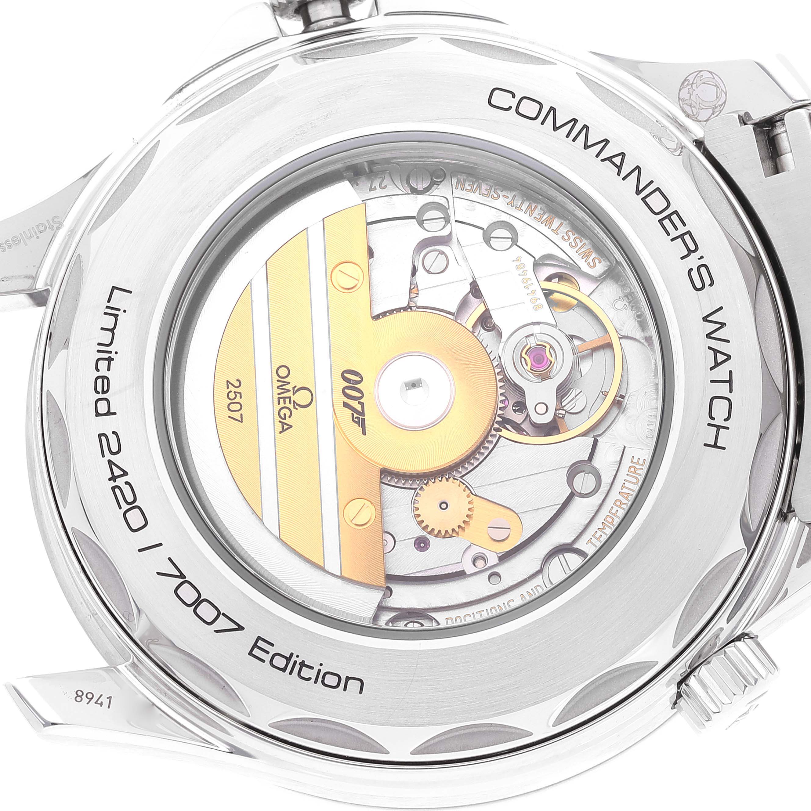 The image shows the back view of the Omega Seamaster 212.32.41.20.04.001 Men's Stainless Steel White Dial 212.32.41.20.04.001 Men's Stainless Steel White Dial Commander's Watch, highlighting its intricate movement and limited edition number.