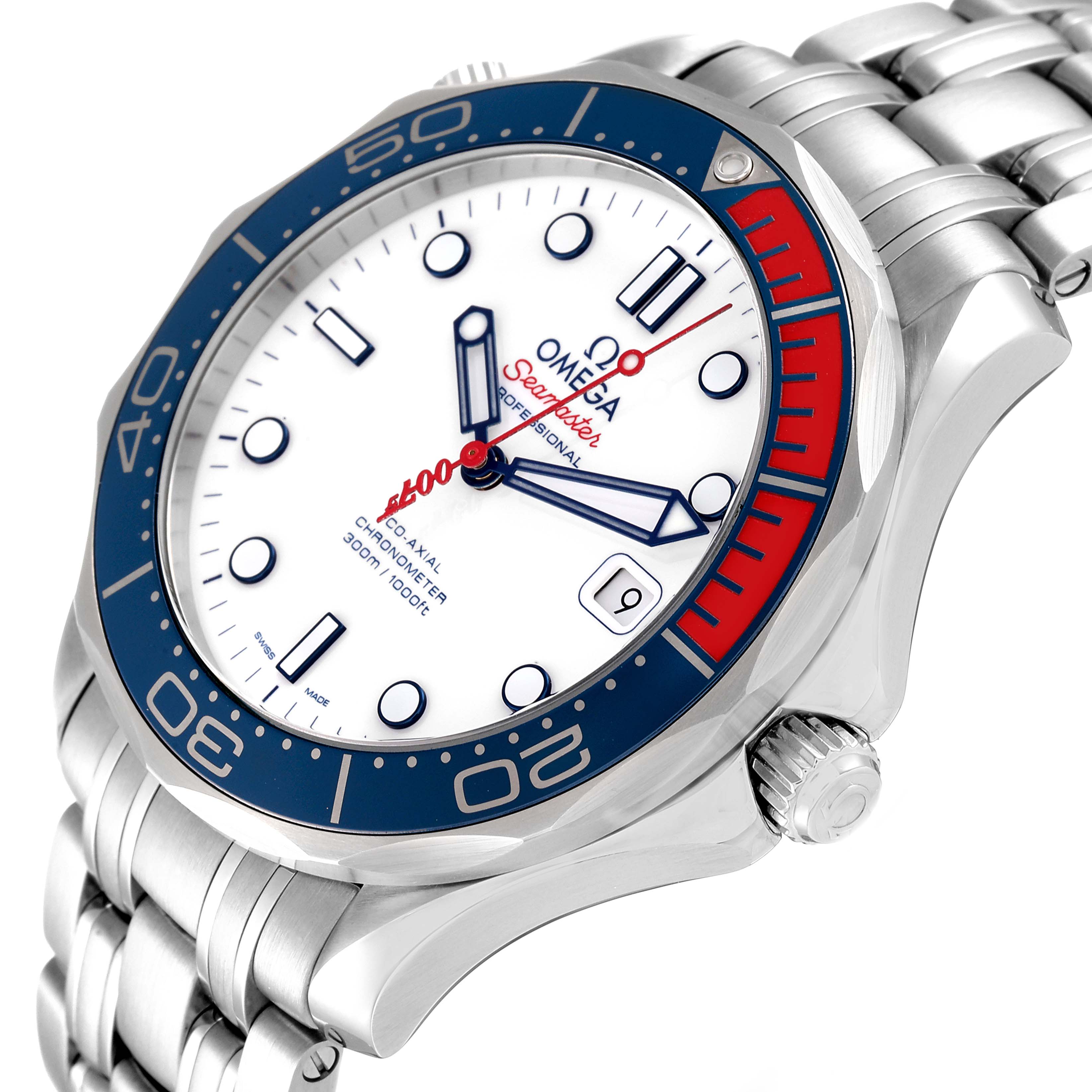 The image shows the dial, bezel, crown, and bracelet of an Omega Seamaster 212.32.41.20.04.001 Men's Stainless Steel White Dial 212.32.41.20.04.001 Men's Stainless Steel White Dial watch at an angled view.