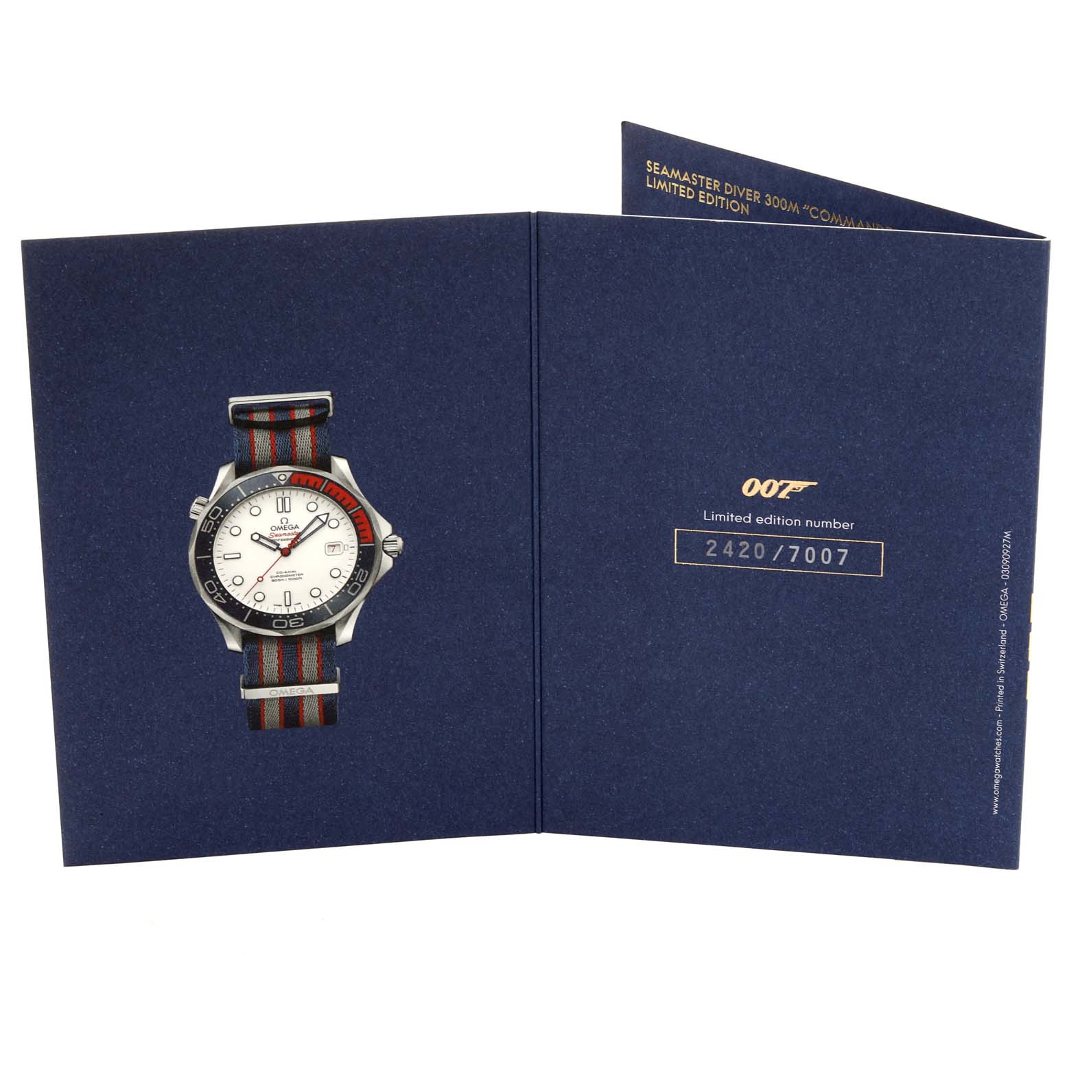 The image shows an Omega Seamaster 212.32.41.20.04.001 Men's Stainless Steel White Dial 212.32.41.20.04.001 Men's Stainless Steel White Dial watch and its limited edition certificate in an open booklet format.