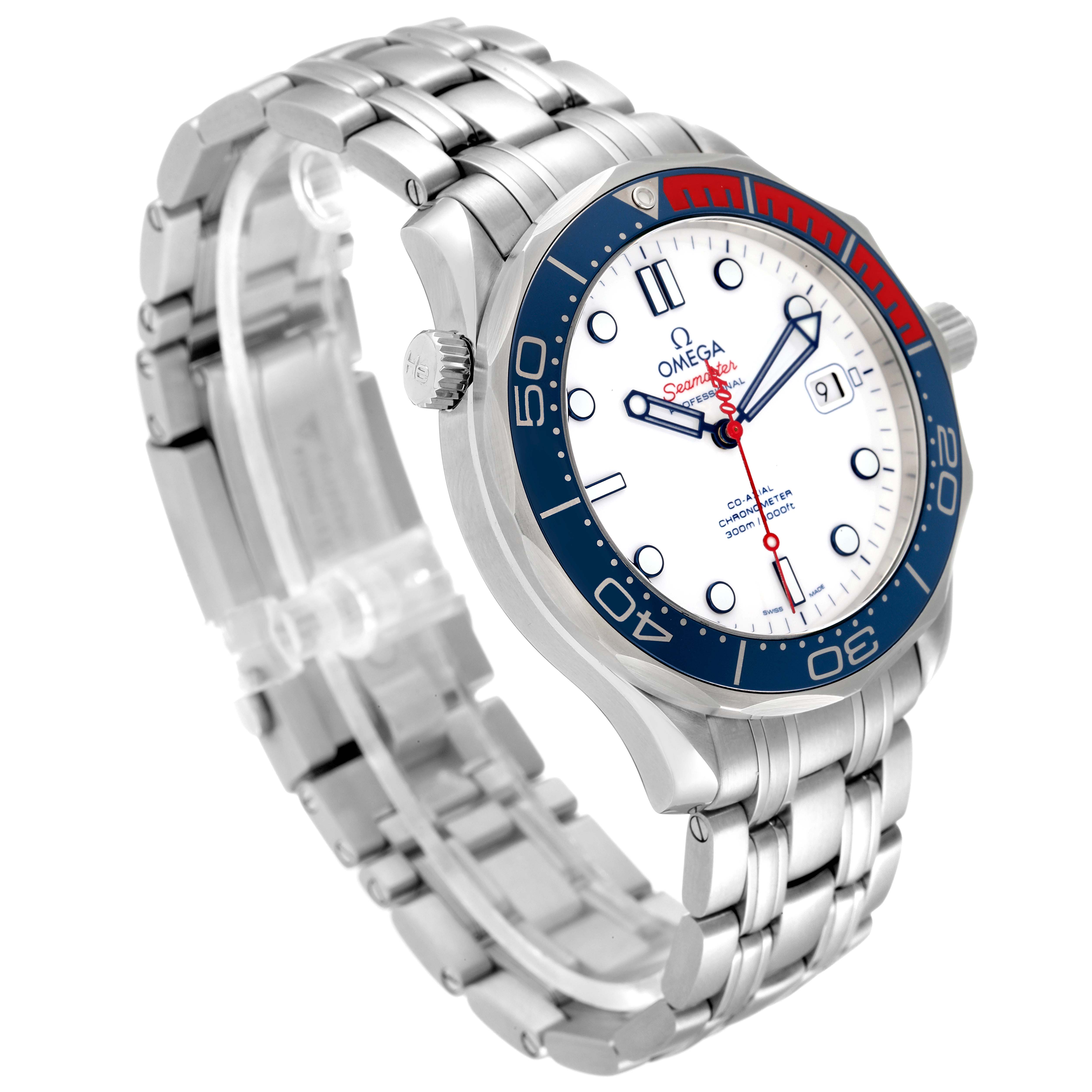 The Omega Seamaster 212.32.41.20.04.001 Men's Stainless Steel White Dial 212.32.41.20.04.001 Men's Stainless Steel White Dial watch is shown at a three-quarter angle, displaying the bezel, face, bracelet, and crown.