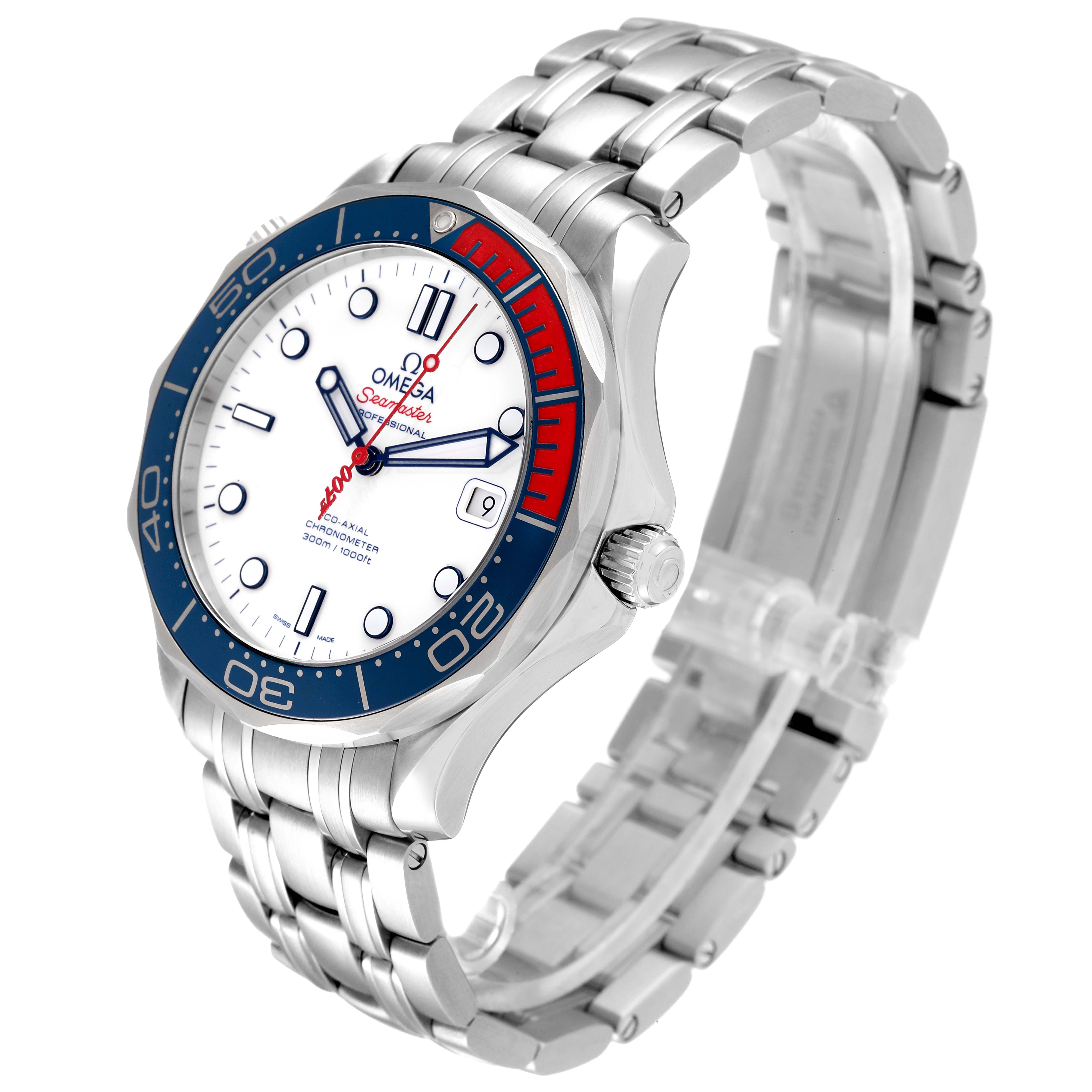 This image shows a side angle of the Omega Seamaster 212.32.41.20.04.001 Men's Stainless Steel White Dial 212.32.41.20.04.001 Men's Stainless Steel White Dial watch, highlighting its white dial, blue bezel, and silver bracelet.