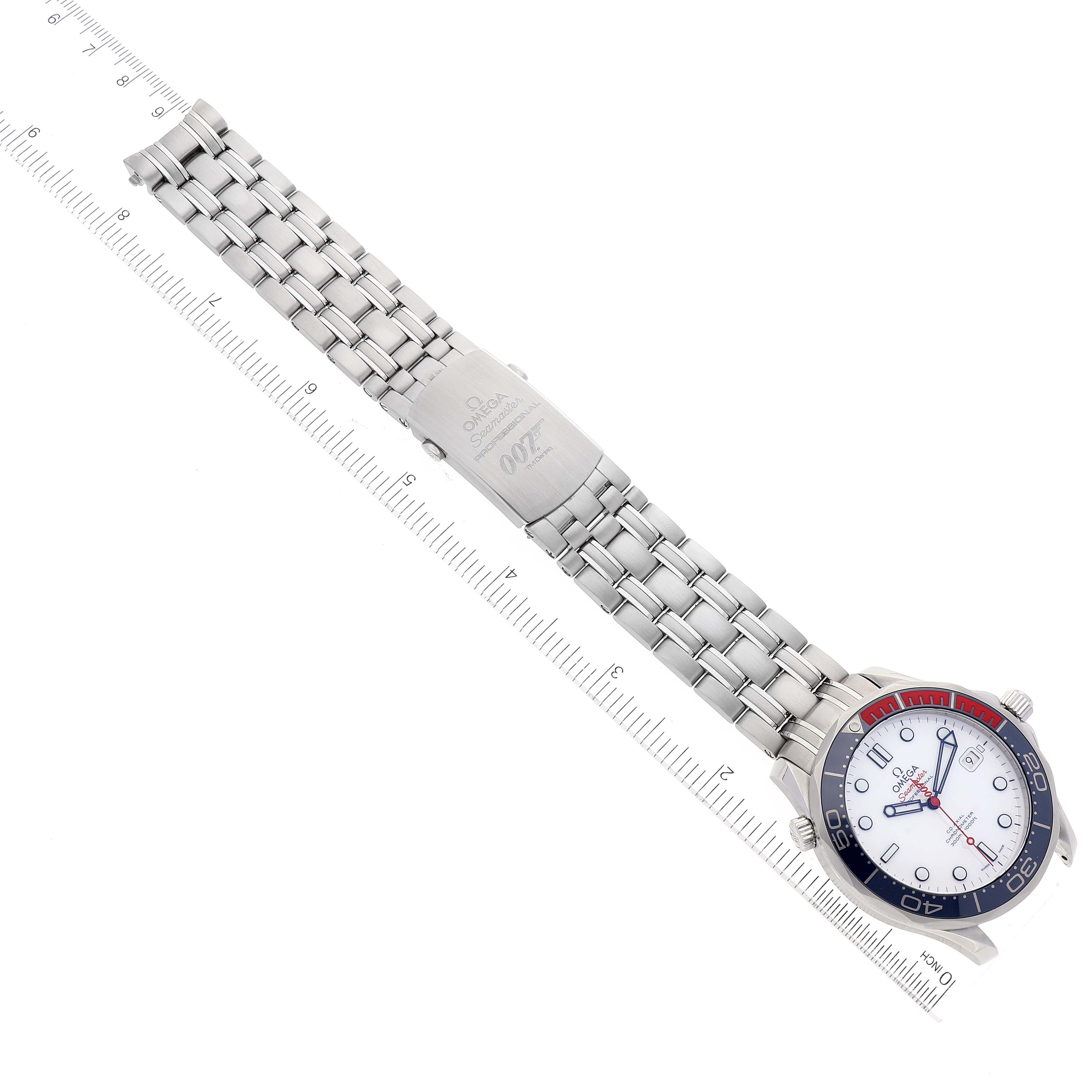 This is an overhead view of an Omega Seamaster 212.32.41.20.04.001 Men's Stainless Steel White Dial 212.32.41.20.04.001 Men's Stainless Steel White Dial watch showcasing the watch face, bezel, and metal bracelet with clasp.