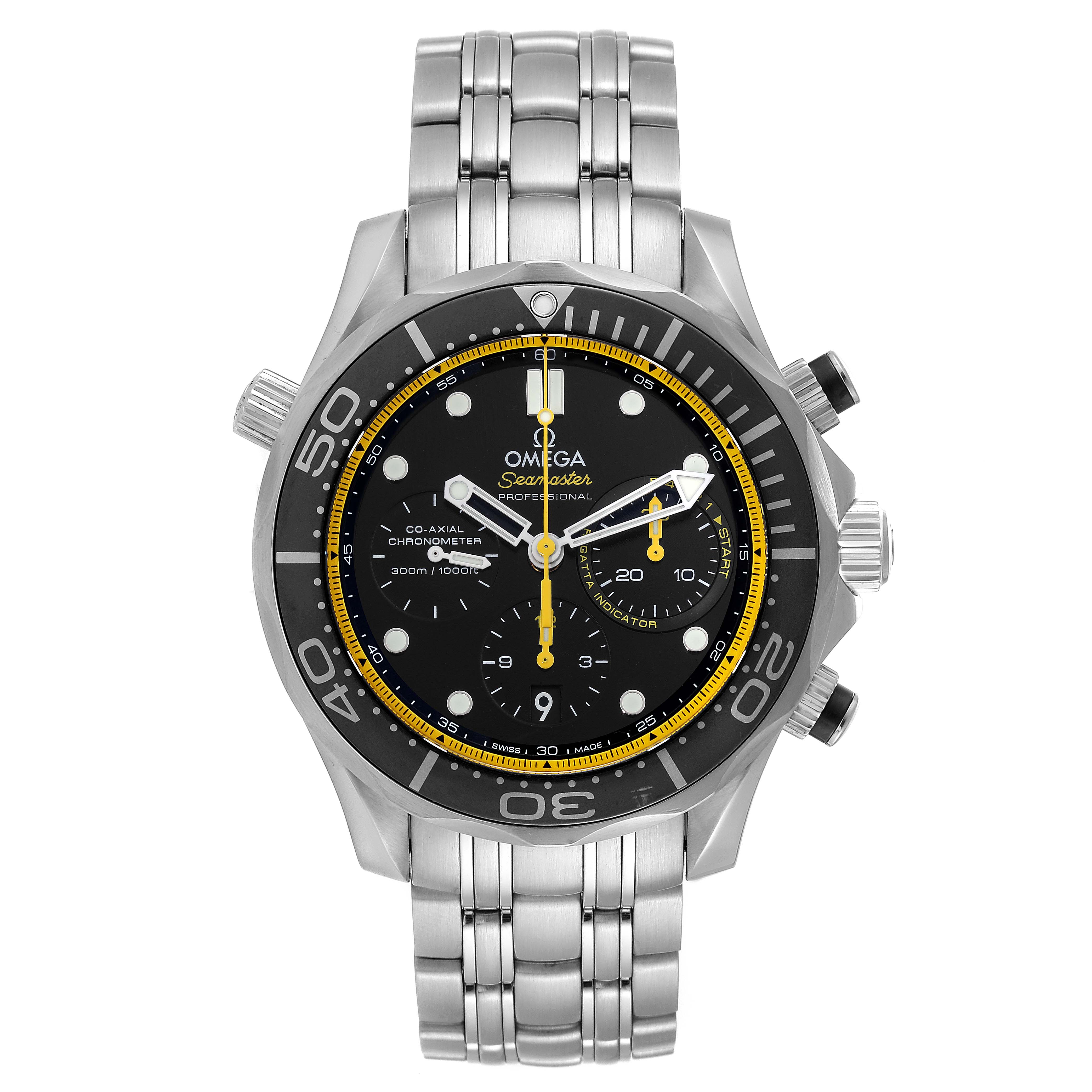 This image shows a front view of the Omega Seamaster 212.30.44.50.01.002 Men's Stainless Steel Black Dial 212.30.44.50.01.002 Men's Stainless Steel Black Dial watch, displaying its dial, bezel, and stainless steel bracelet.