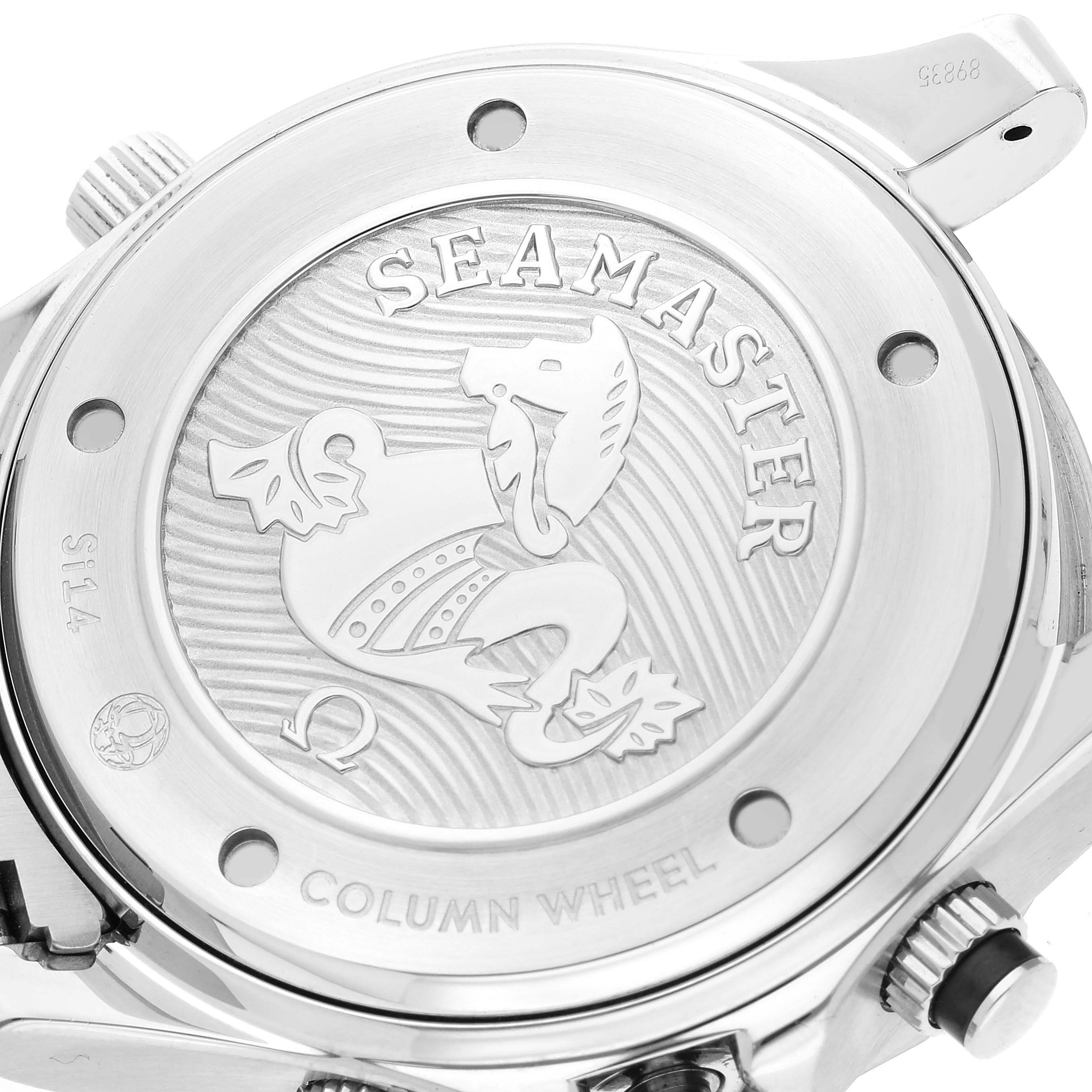 The image shows the back case of an Omega Seamaster 212.30.44.50.01.002 Men's Stainless Steel Black Dial 212.30.44.50.01.002 Men's Stainless Steel Black Dial watch, highlighting its engraving and column wheel mechanism.